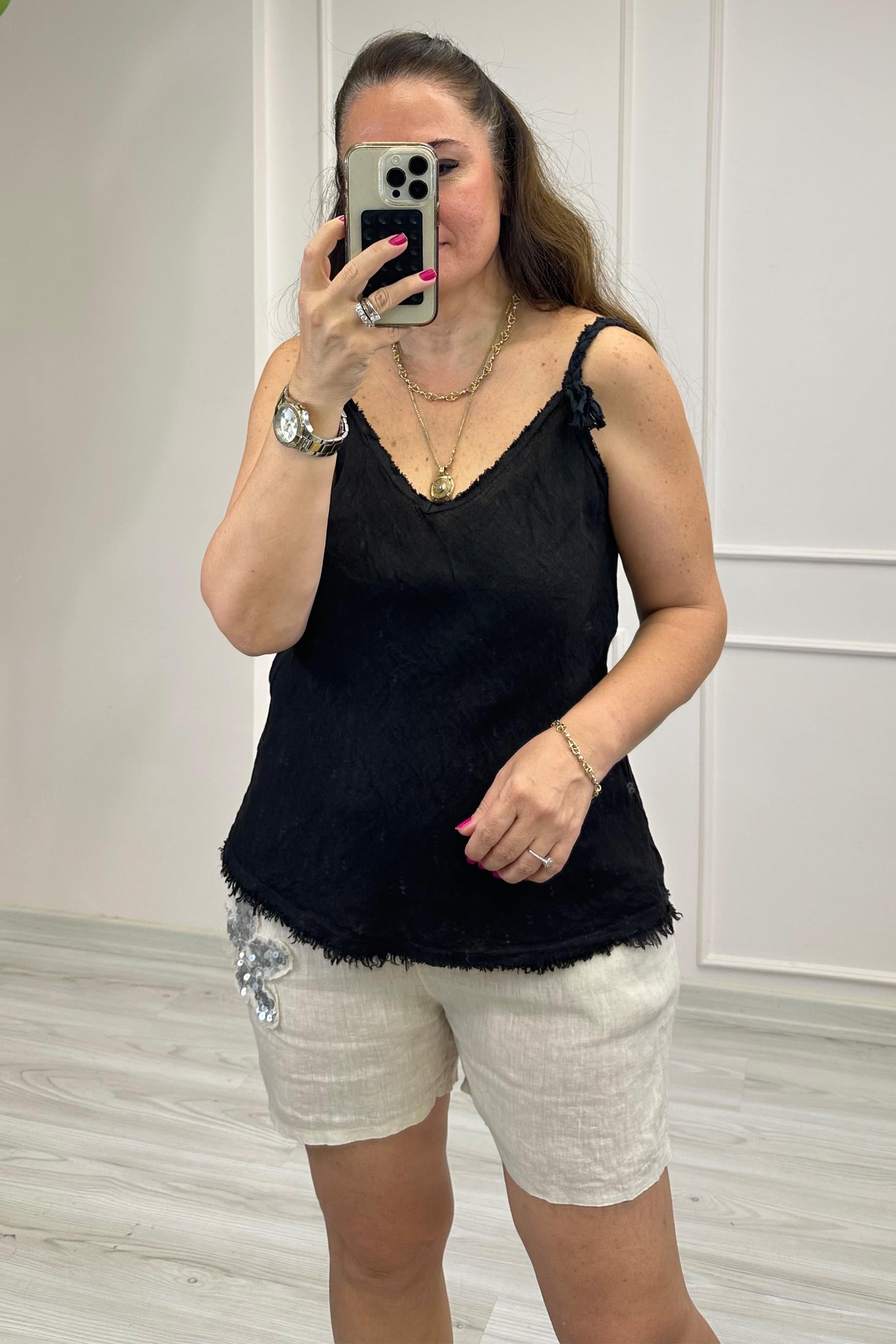 Livina Örgü Askılı Keten Bluz Siyah