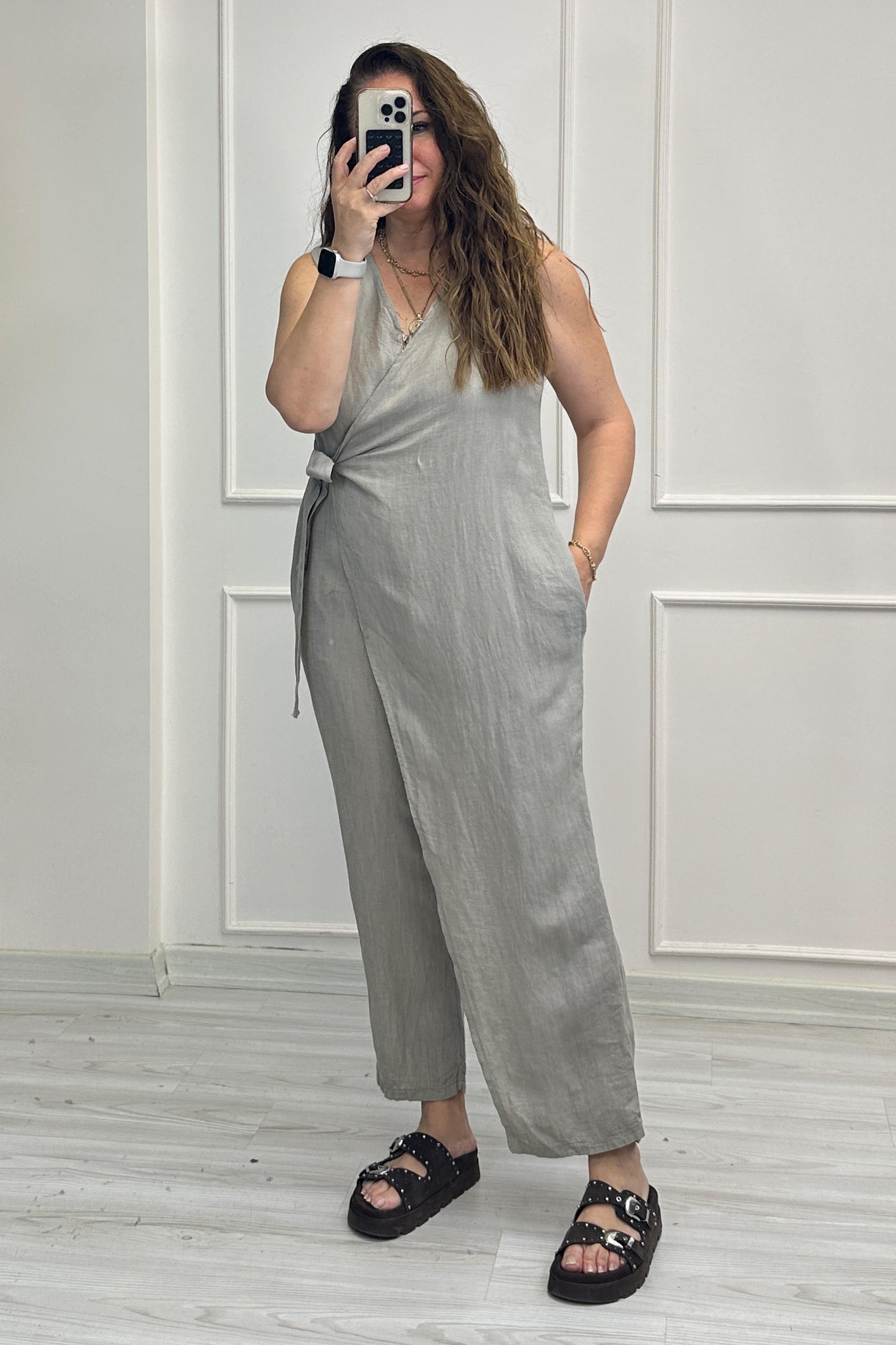 Jennifer Ön Bağlamalı Keten Tulum Taş