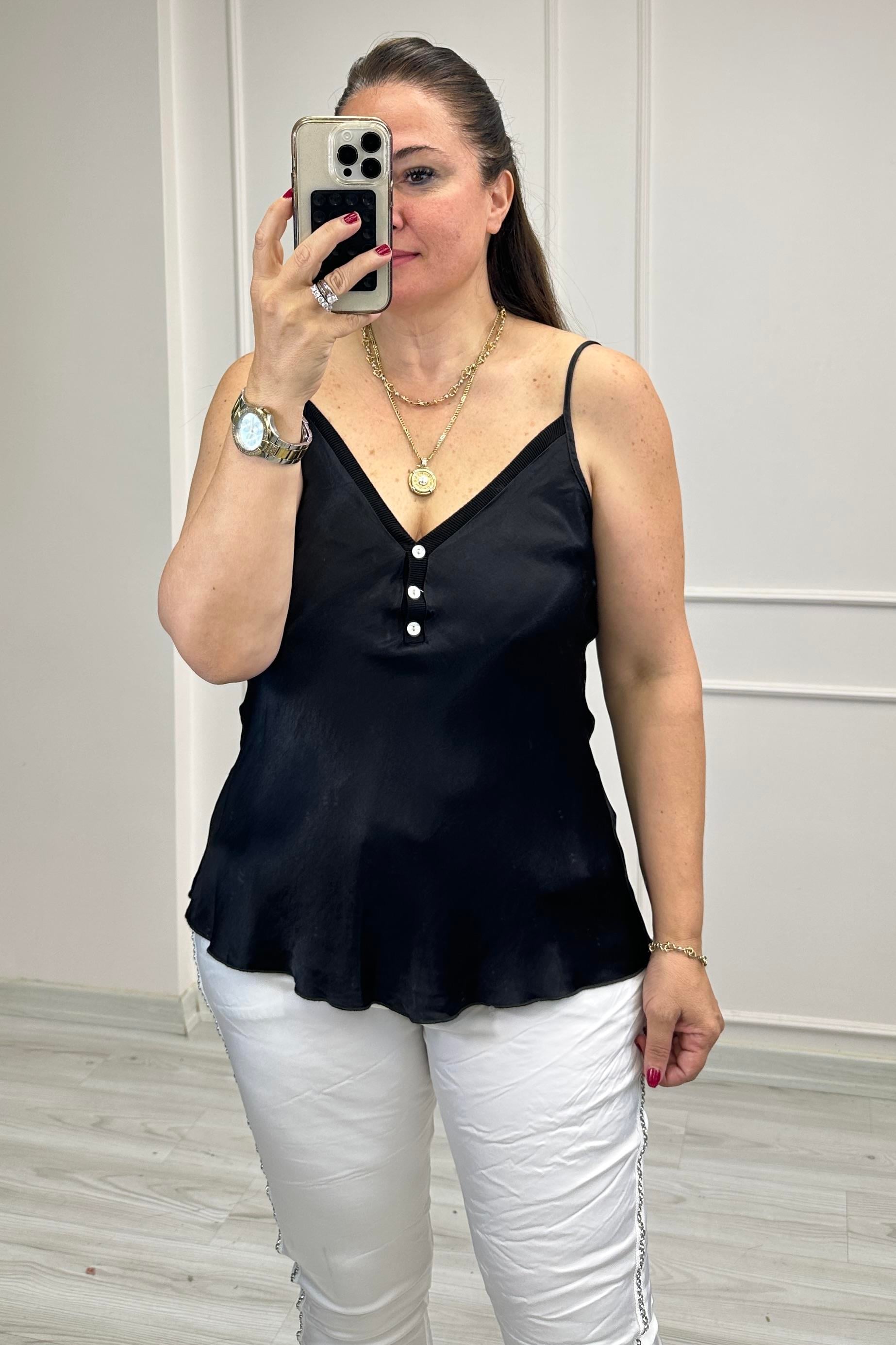 Marry Düğmeli Saten Bluz Siyah