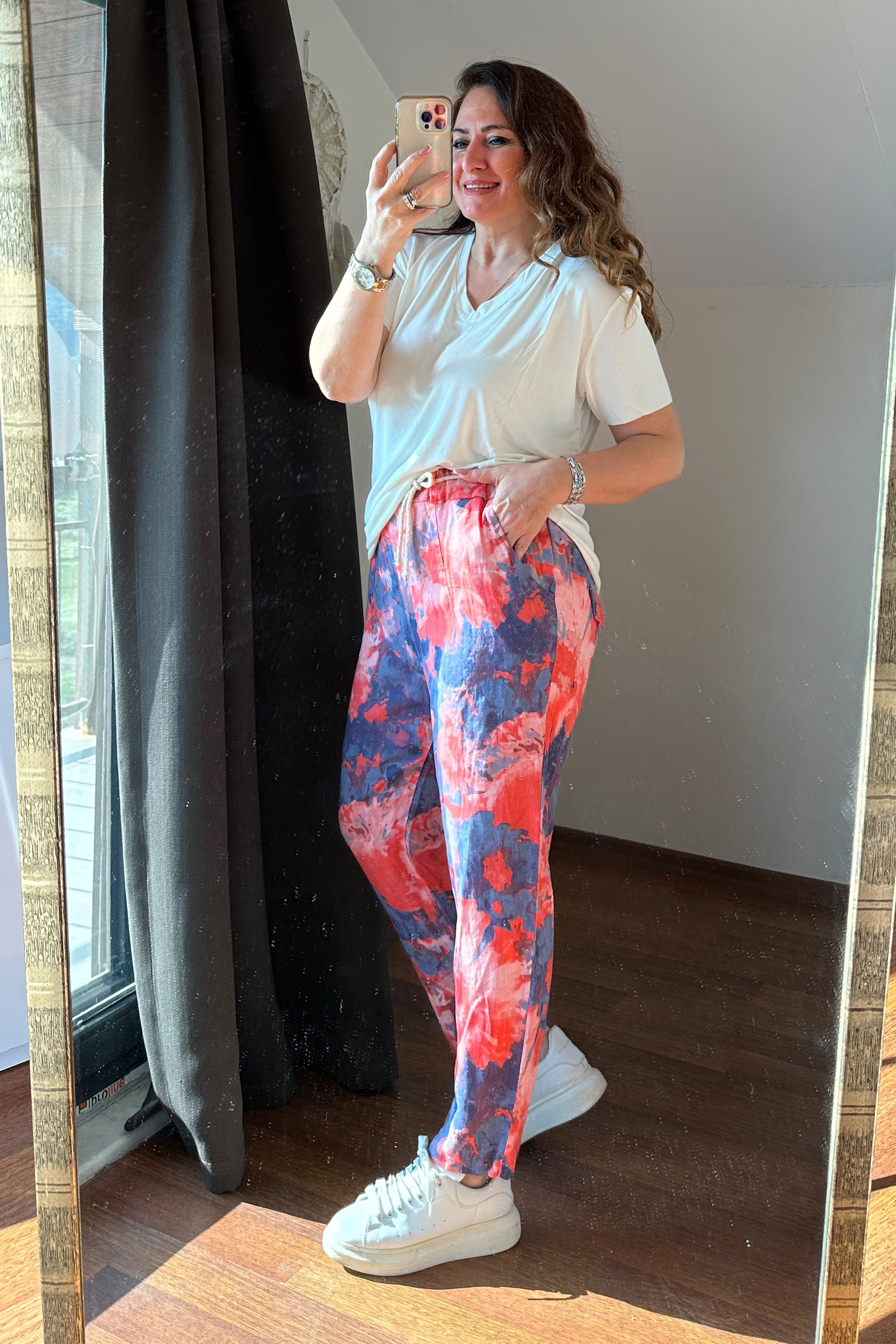 İthal Batik Desen Keten Pantolon Nar Çiçeği