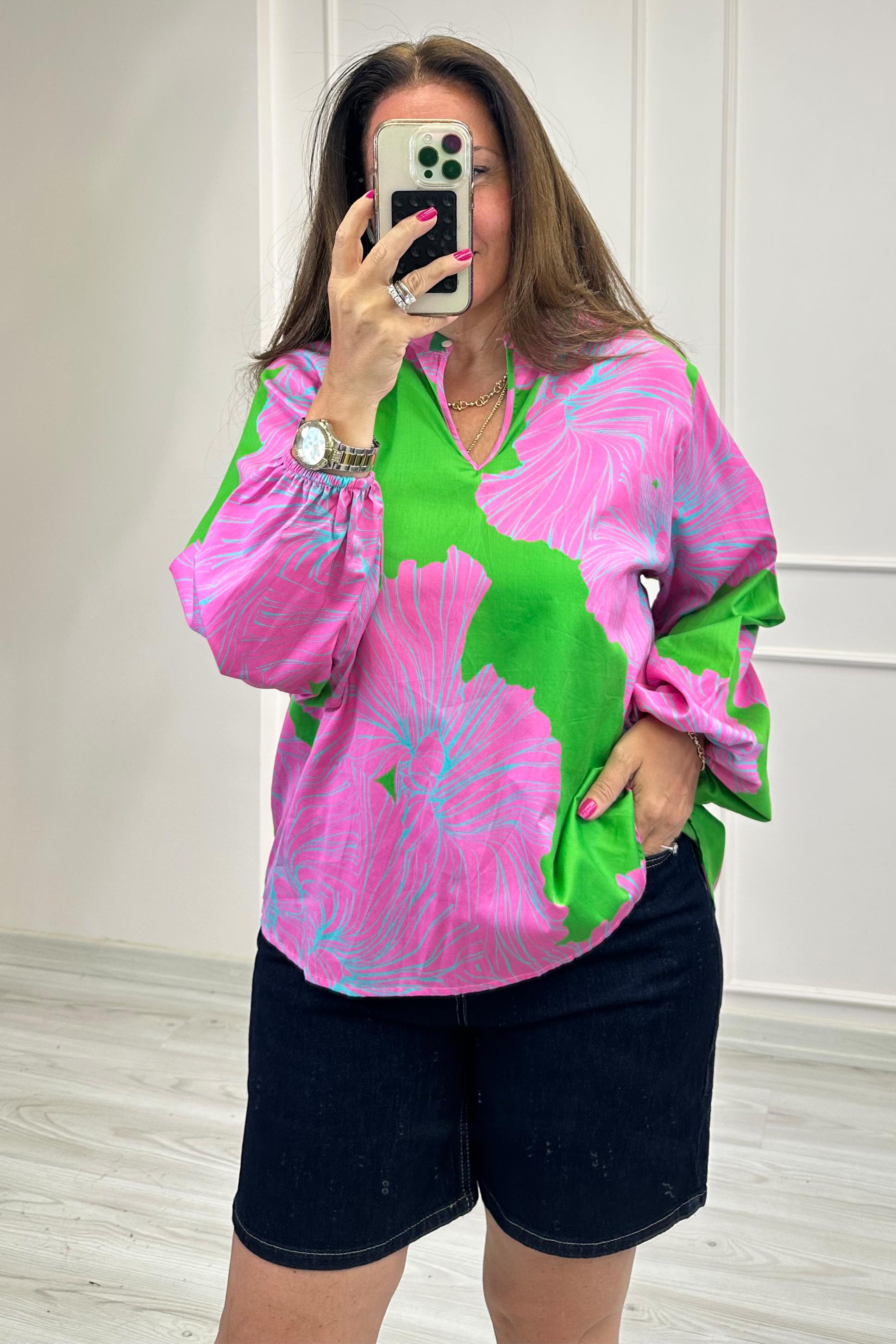 Chiara Yaprak Desenli Bluz Pembe