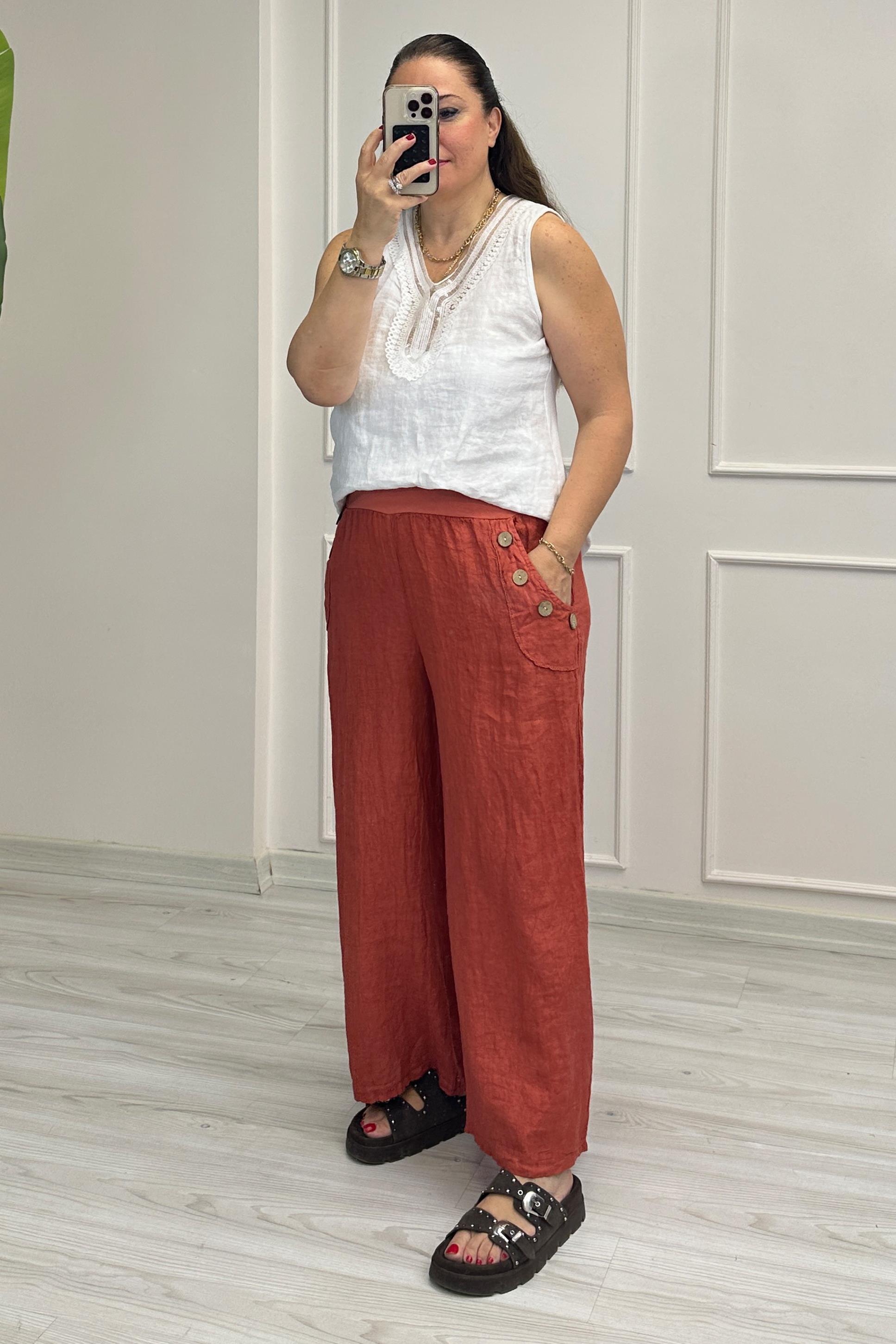Lori Düğme Detaylı Keten Pantolon Kiremit