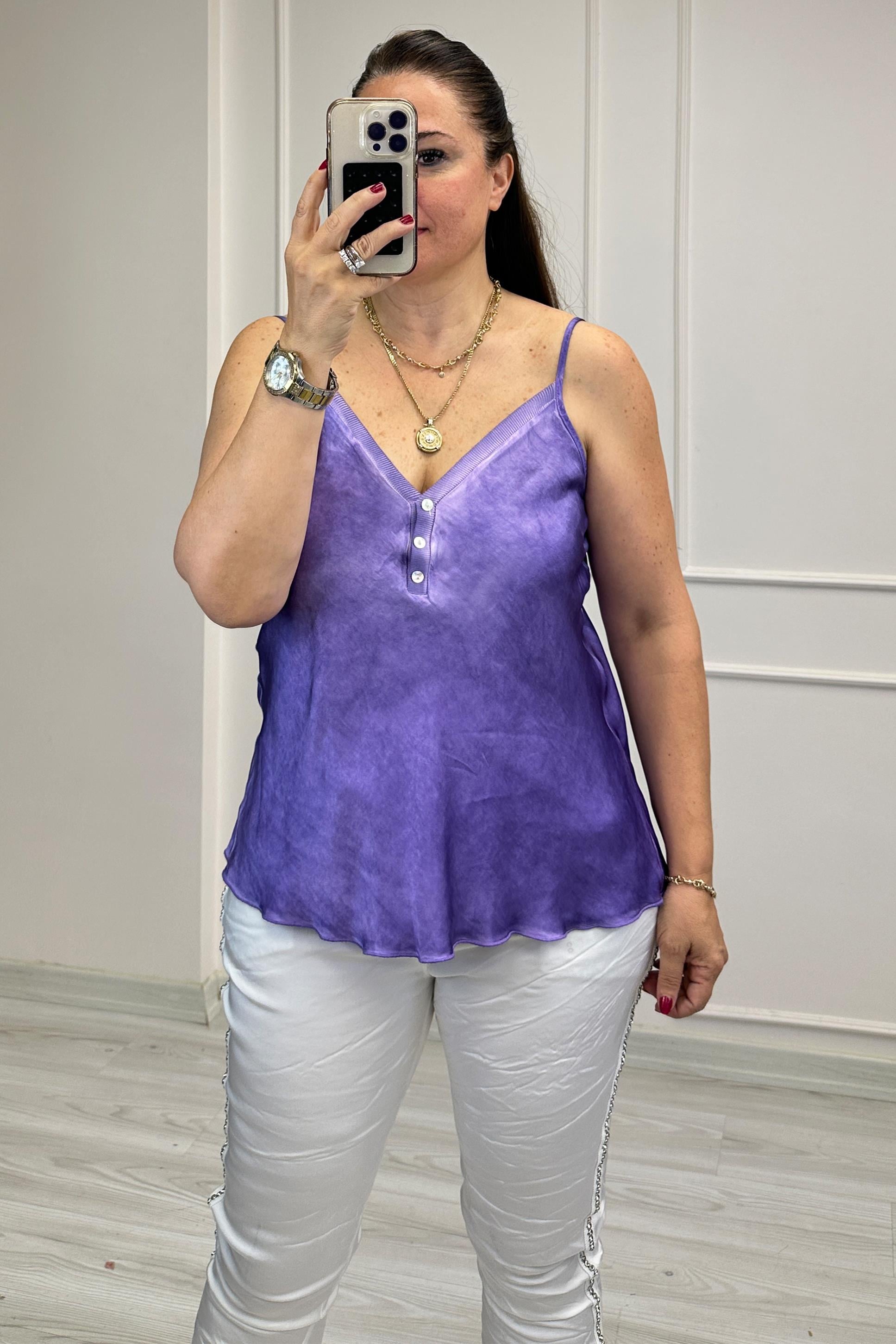 Marry Düğmeli Saten Bluz Mor