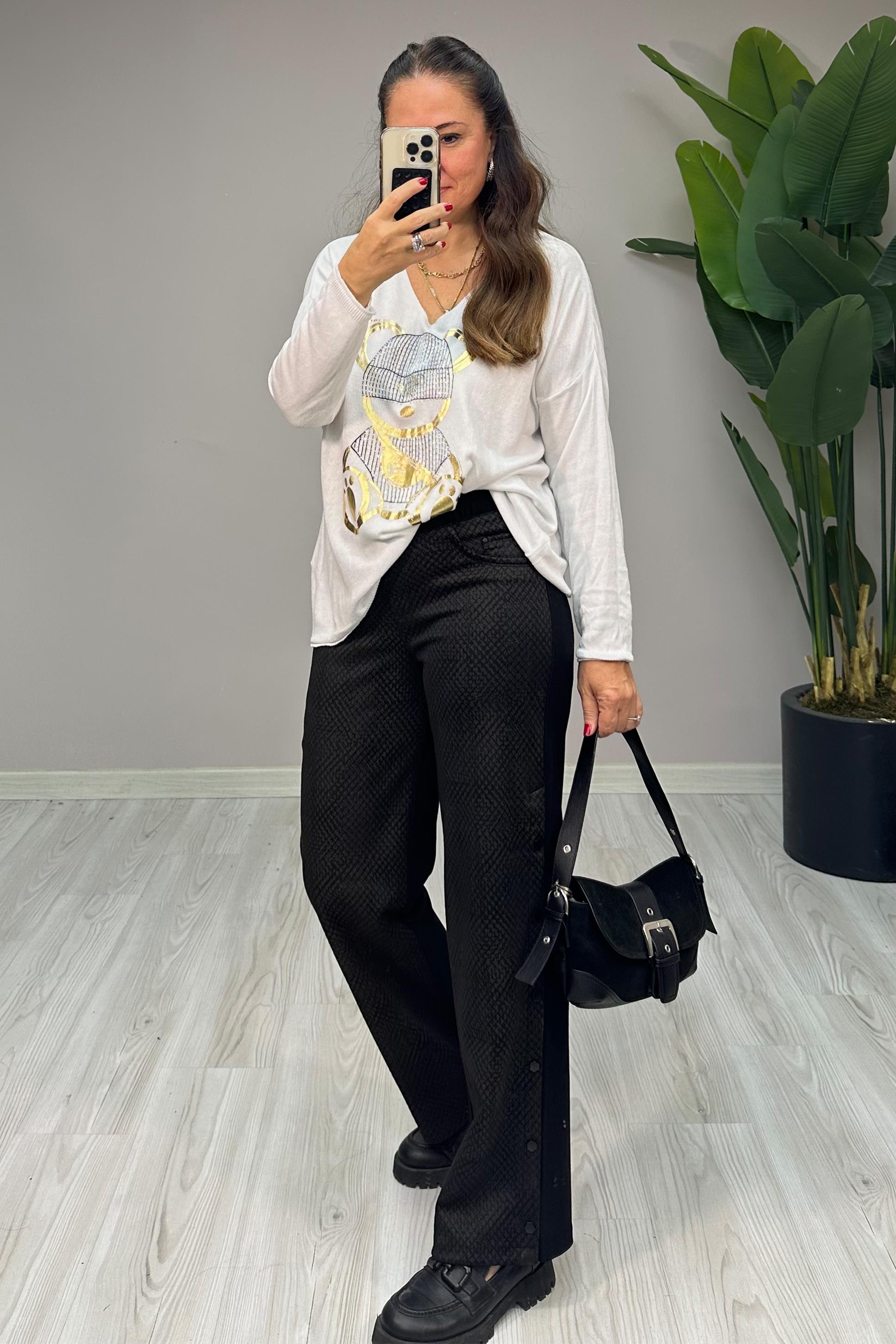 Tina Desenli Yanları Çıtçıt Pantolon Haki