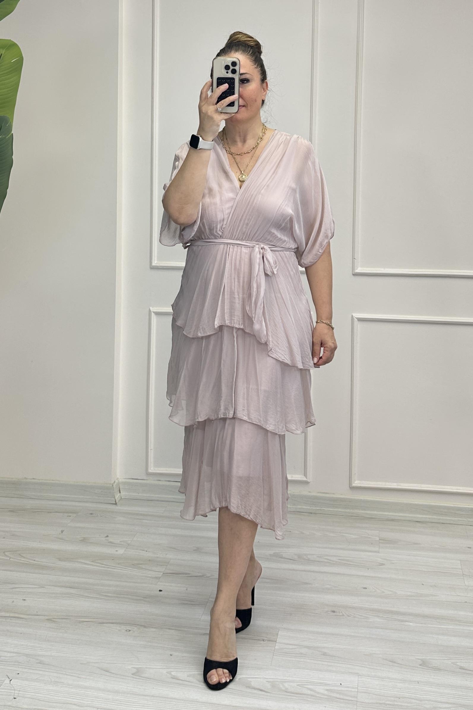 Nadia Kruvaze Yaka İpek Elbise Pudra Pembe