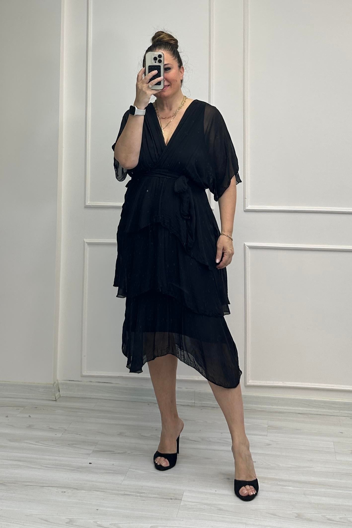 Nadia Kruvaze Yaka İpek Elbise Siyah