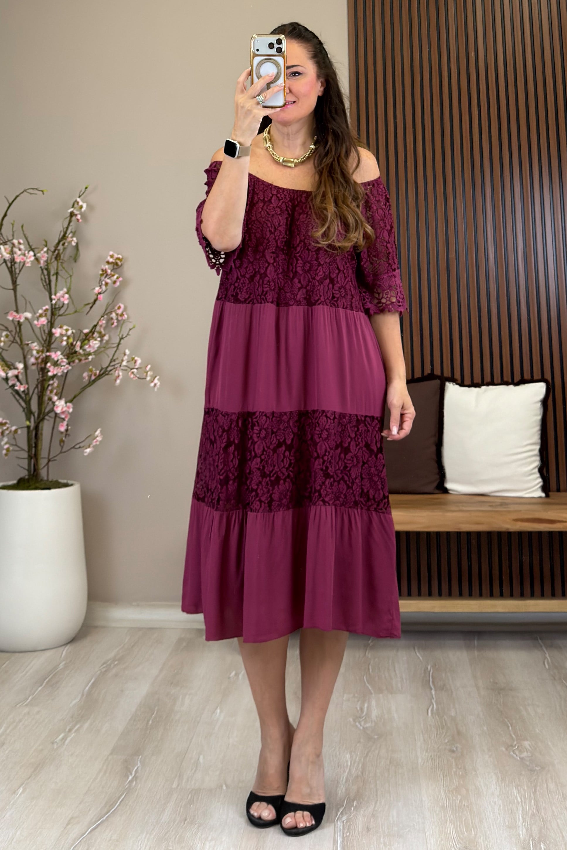 Mirage Dantelli Elbise Bordo