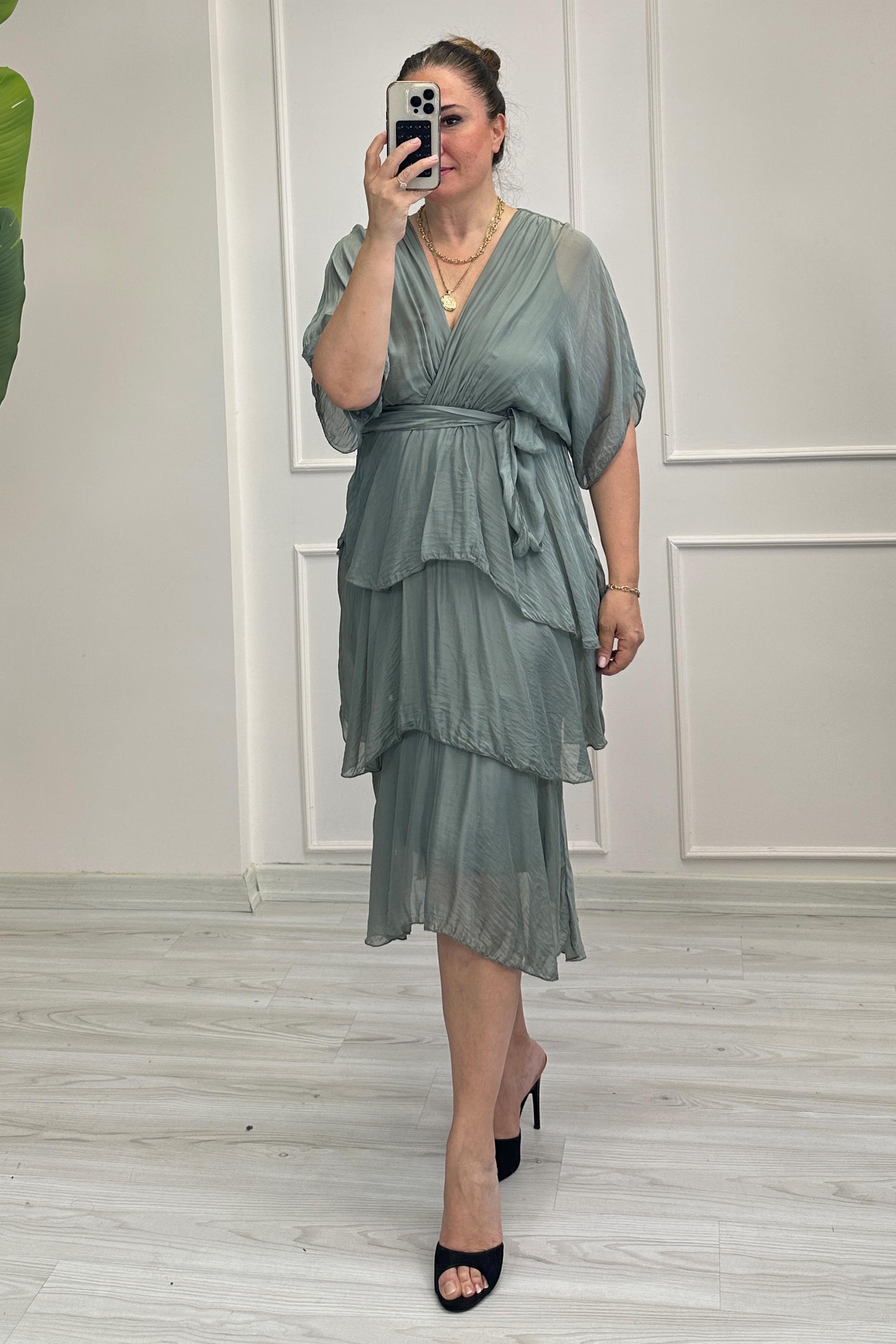 Nadia Kruvaze Yaka İpek Elbise Yeşil
