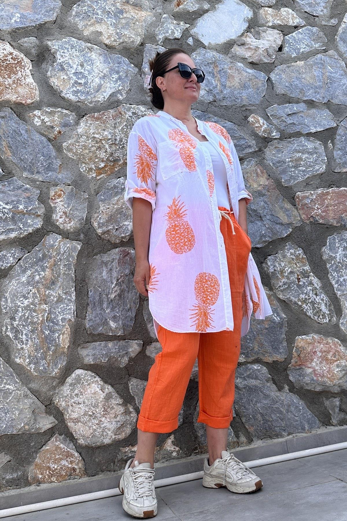 Ananas Desenli Tunik Gömlek Turuncu