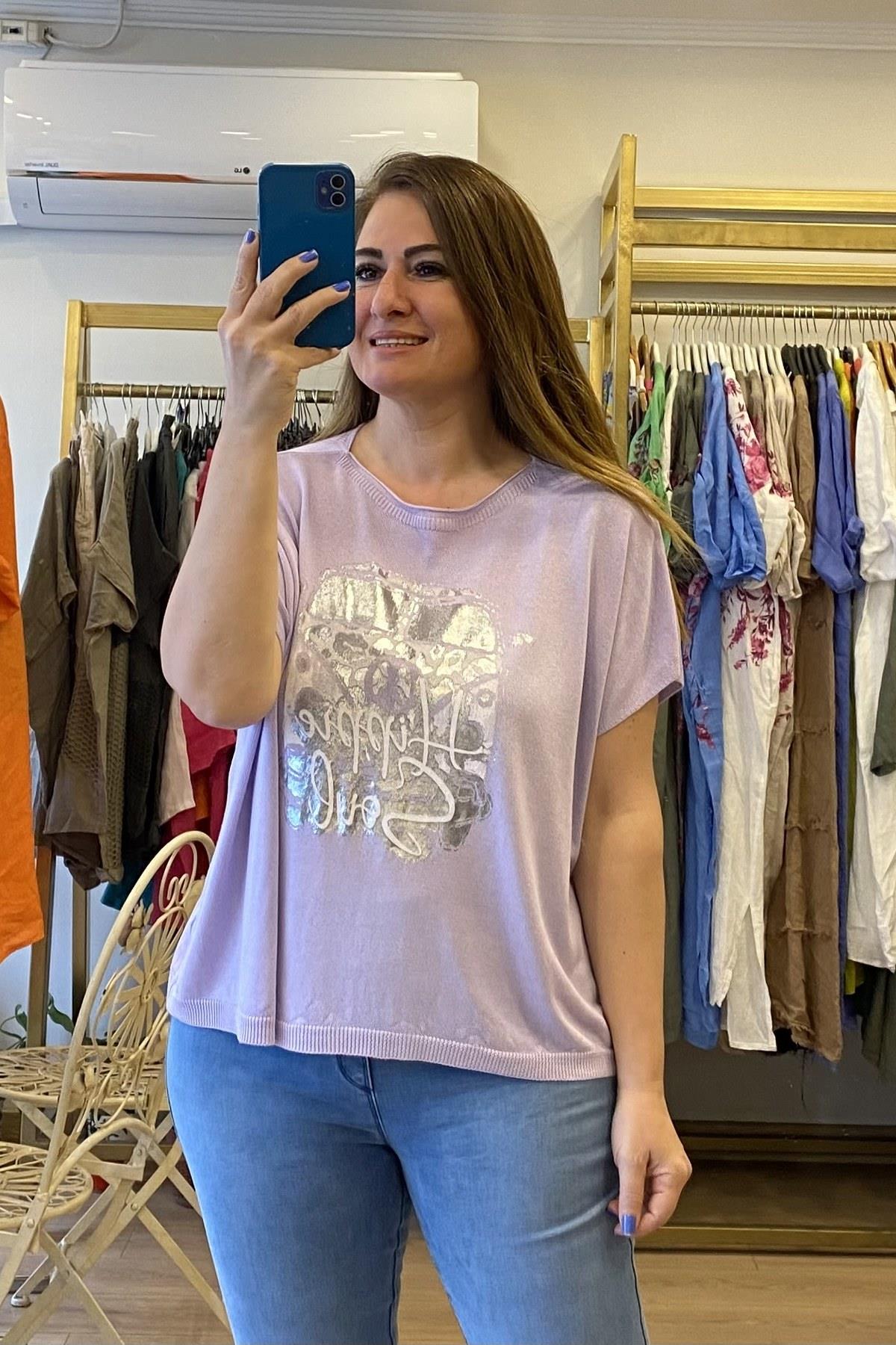 Araba Desenli Triko Bluz Lila