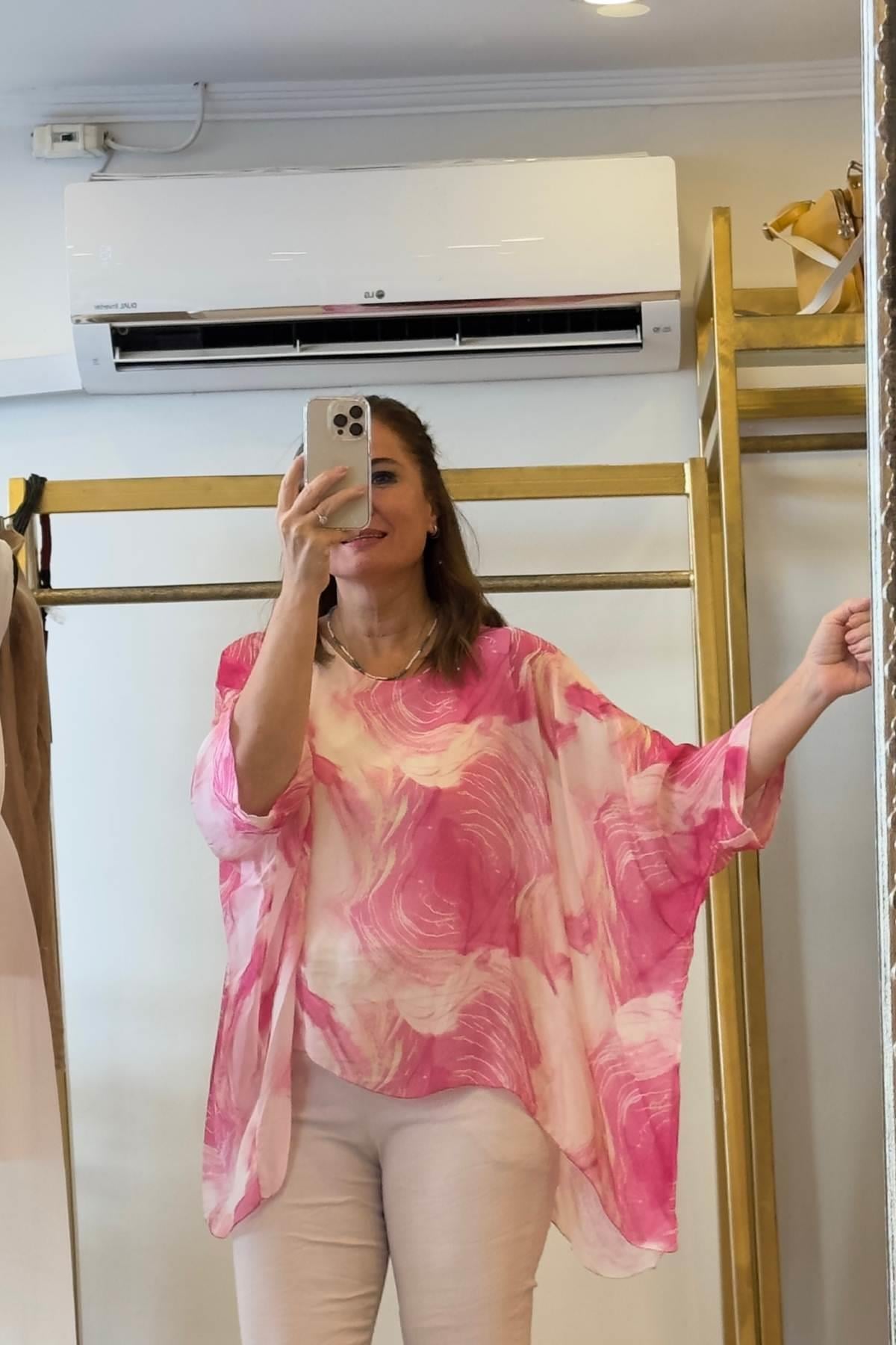 Asimetrik Desenli İpek Bluz Pembe