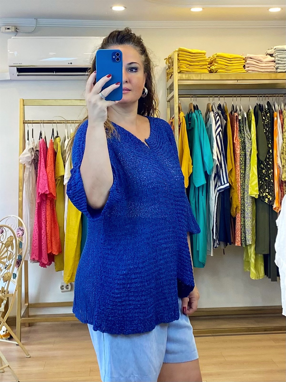 Asimetrik Kesim Merserize Bluz Saks Mavi