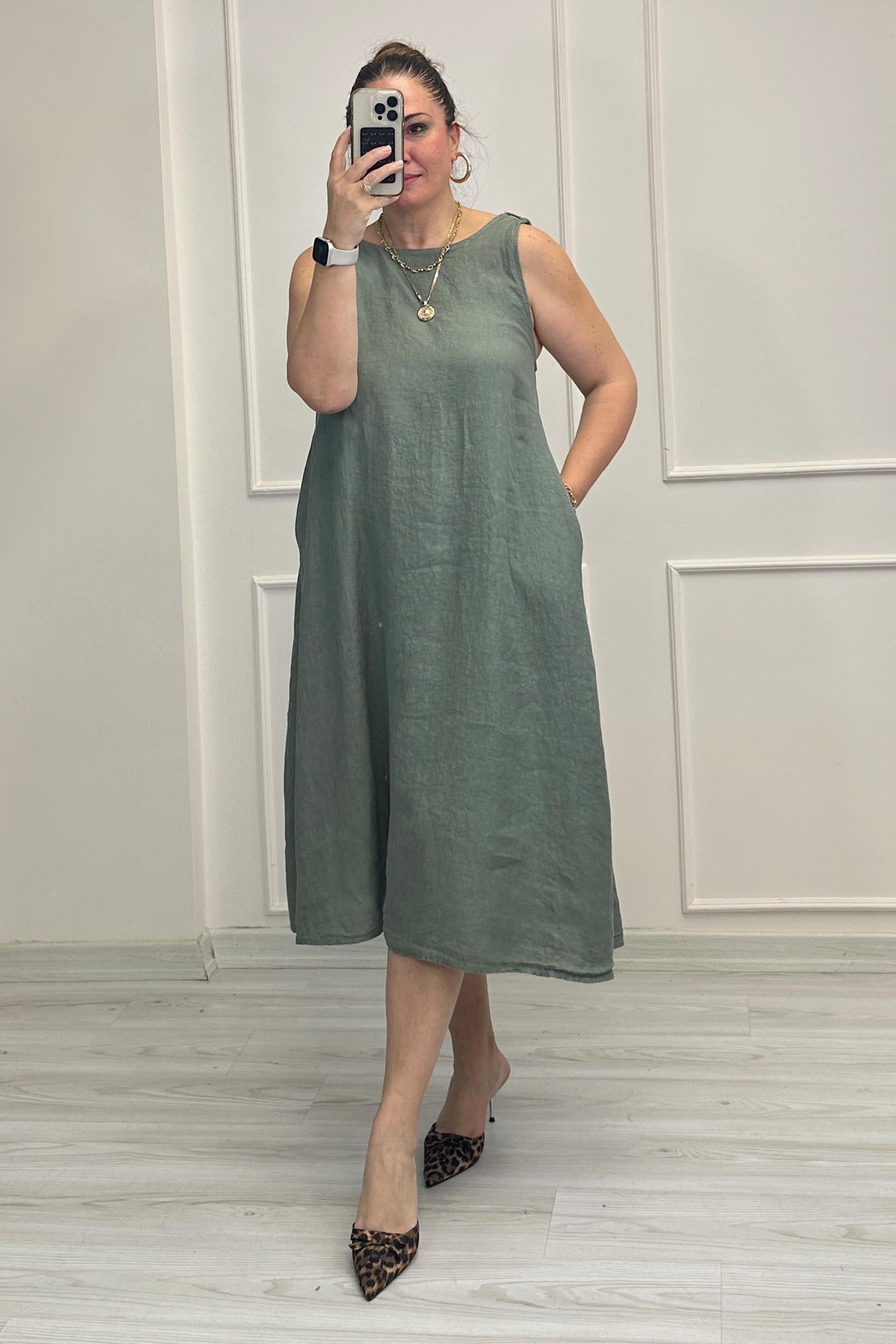 Frida Sırt Detaylı Keten Elbise Haki