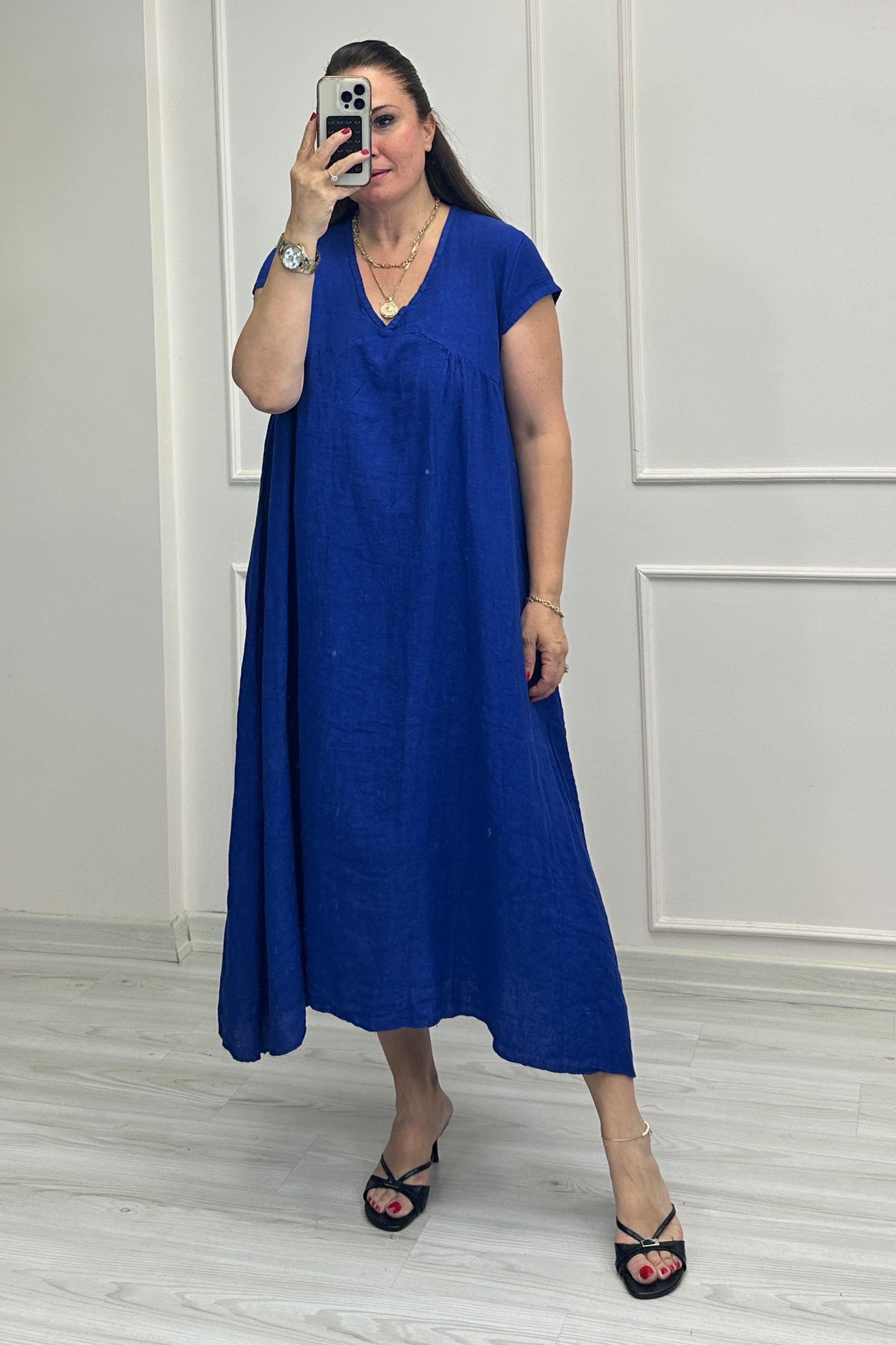 Barbara Keten Elbise Saks Mavi