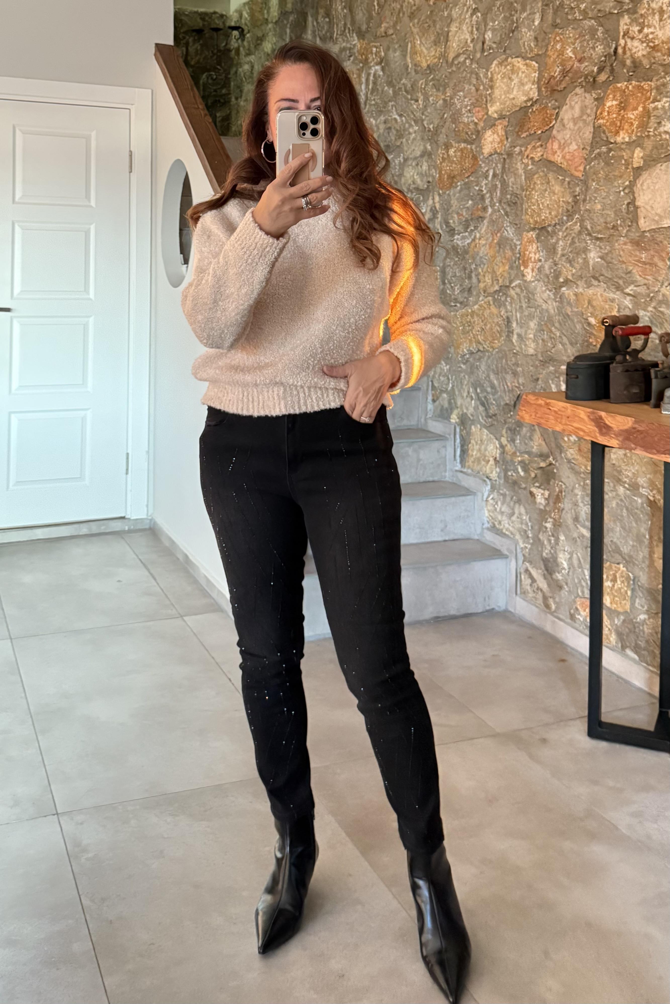 Feronoy Taşlı Kot Pantolon Siyah