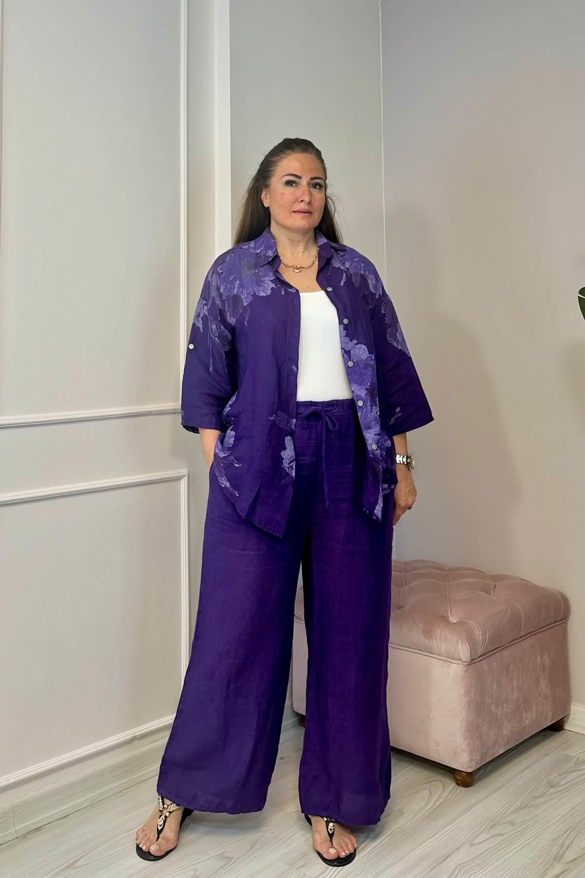 Bahar Çicek Desenli Keten Takım Mor 