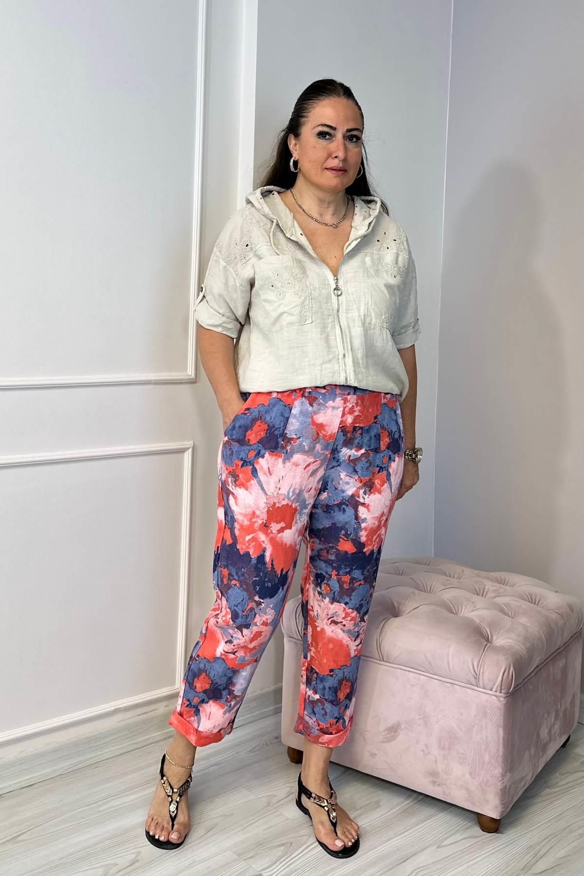 Batik Desenli İthal Keten Pantolon Narçiçeğirengi