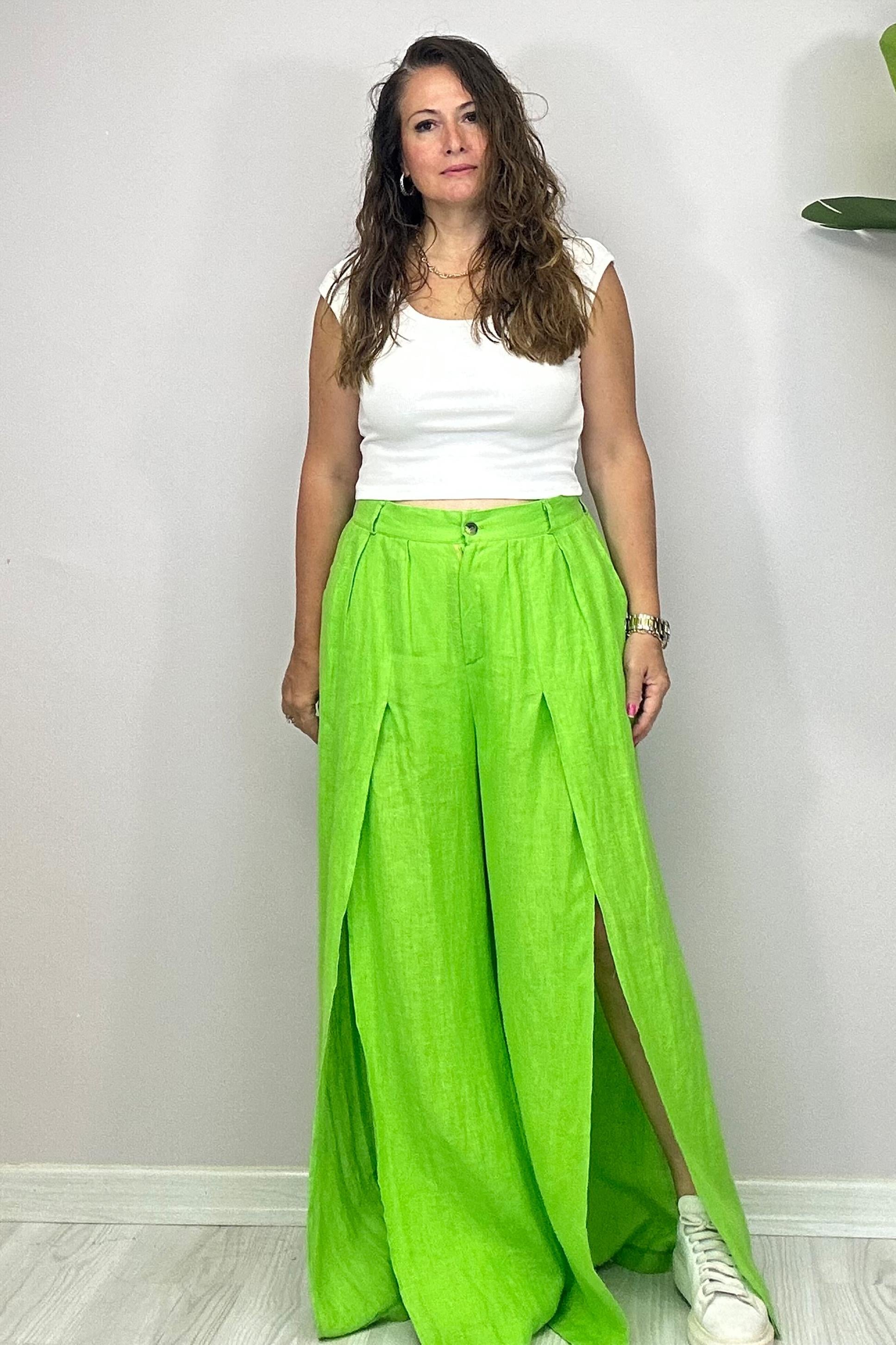 Yırtmaçlı Palazzo Model Pantolon Yeşil