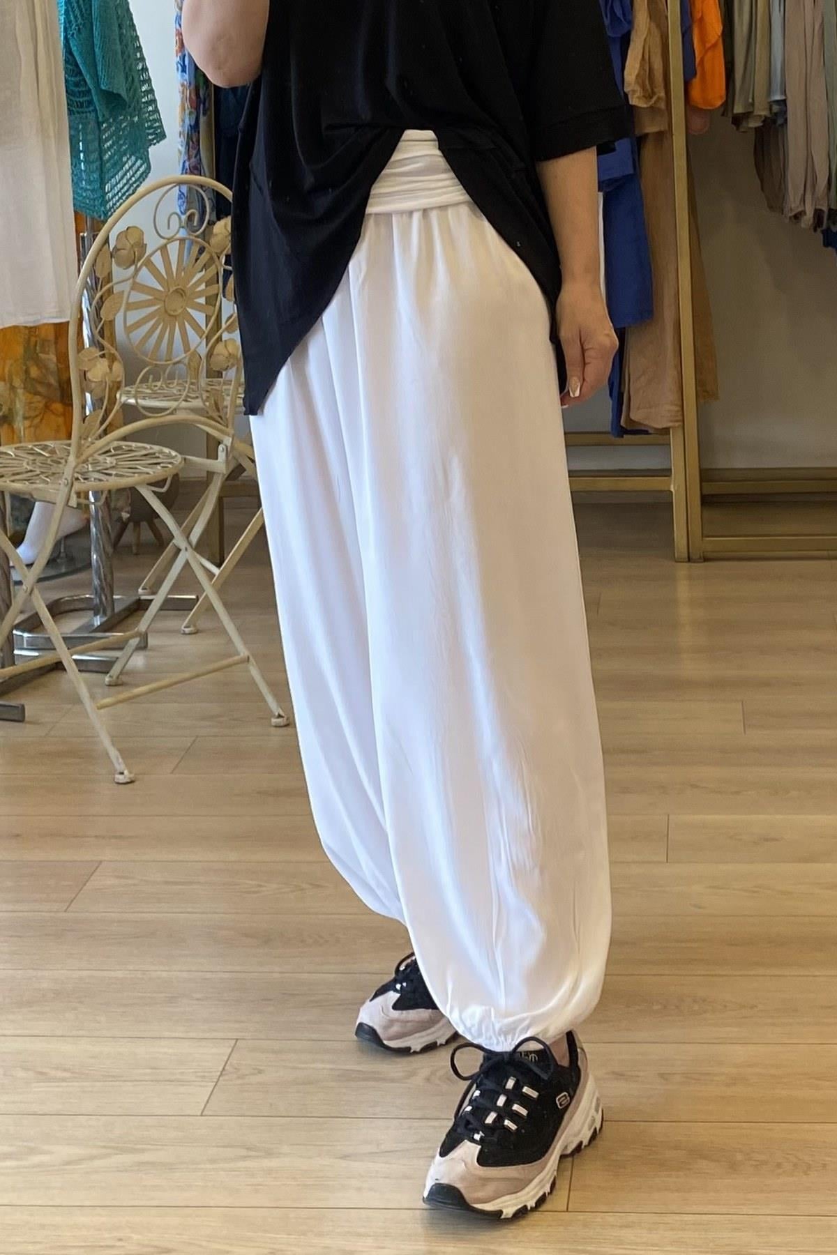 Beli Kalın Lastikli Şalvar Pantolon Beyaz
