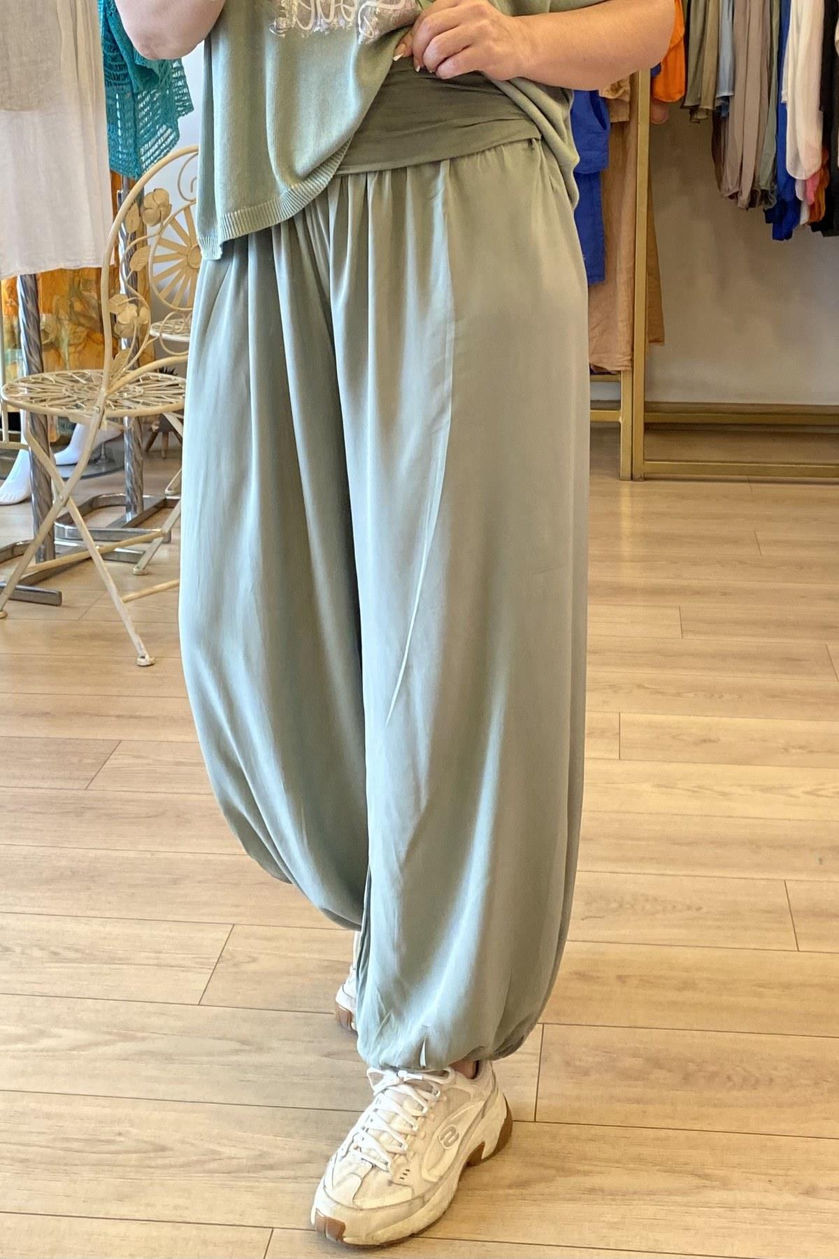 Beli Kalın Lastikli Şalvar Pantolon Yeşil