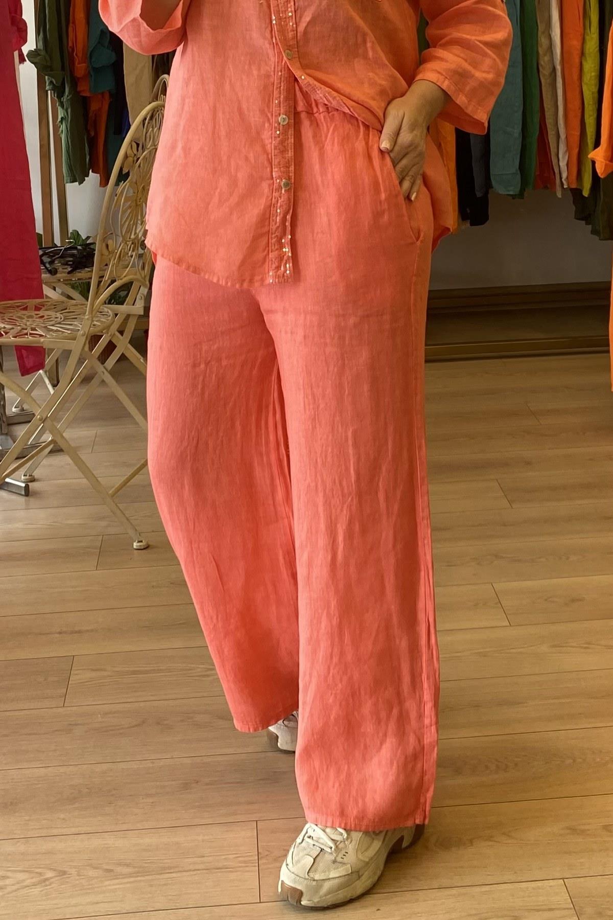 Beli Lastik Ve İp Büzgülü Bol Kesim Pantolon Pembe