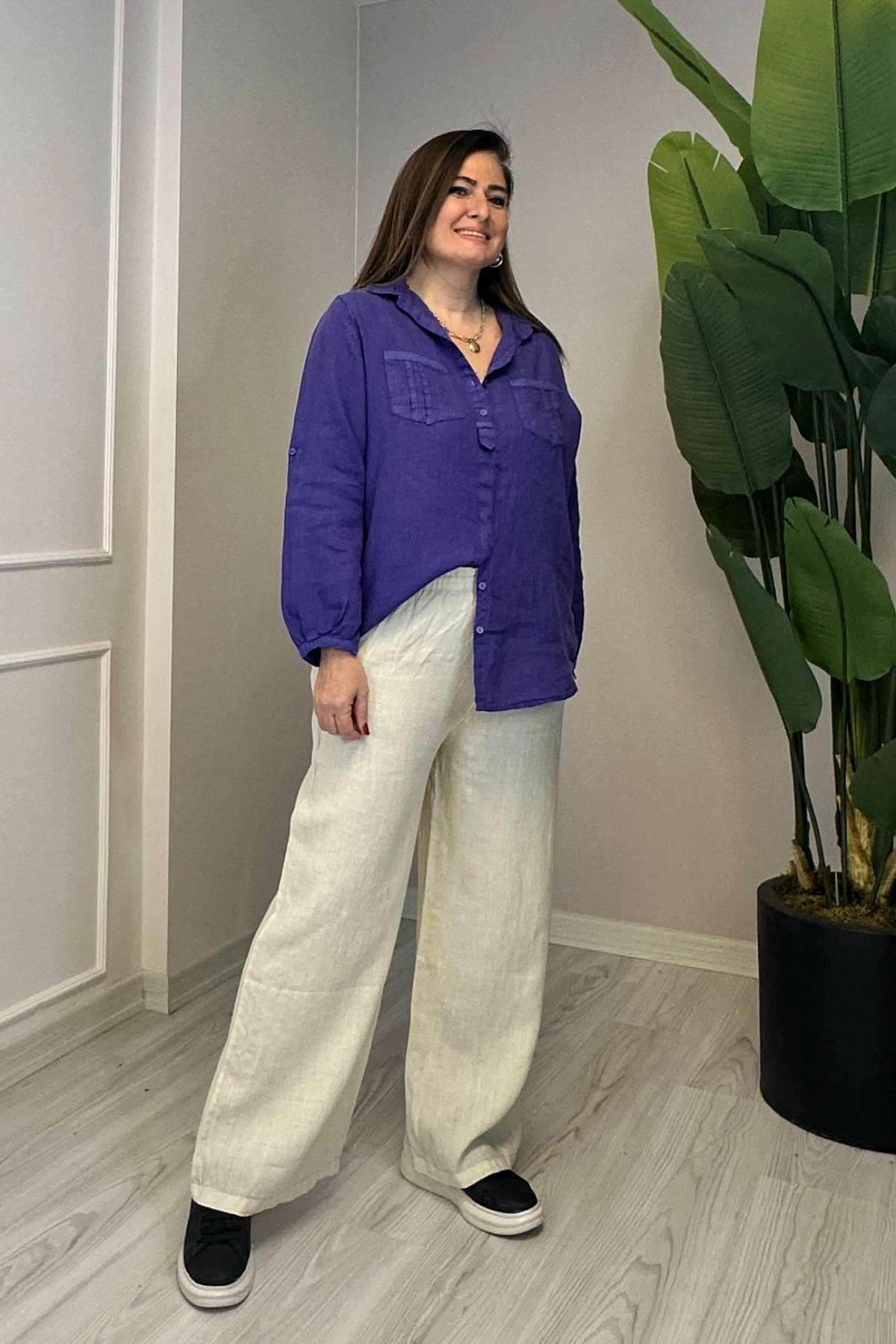 Beli Lastikli Cepli Yıkanmış Keten Kumaş Pantolon Krem