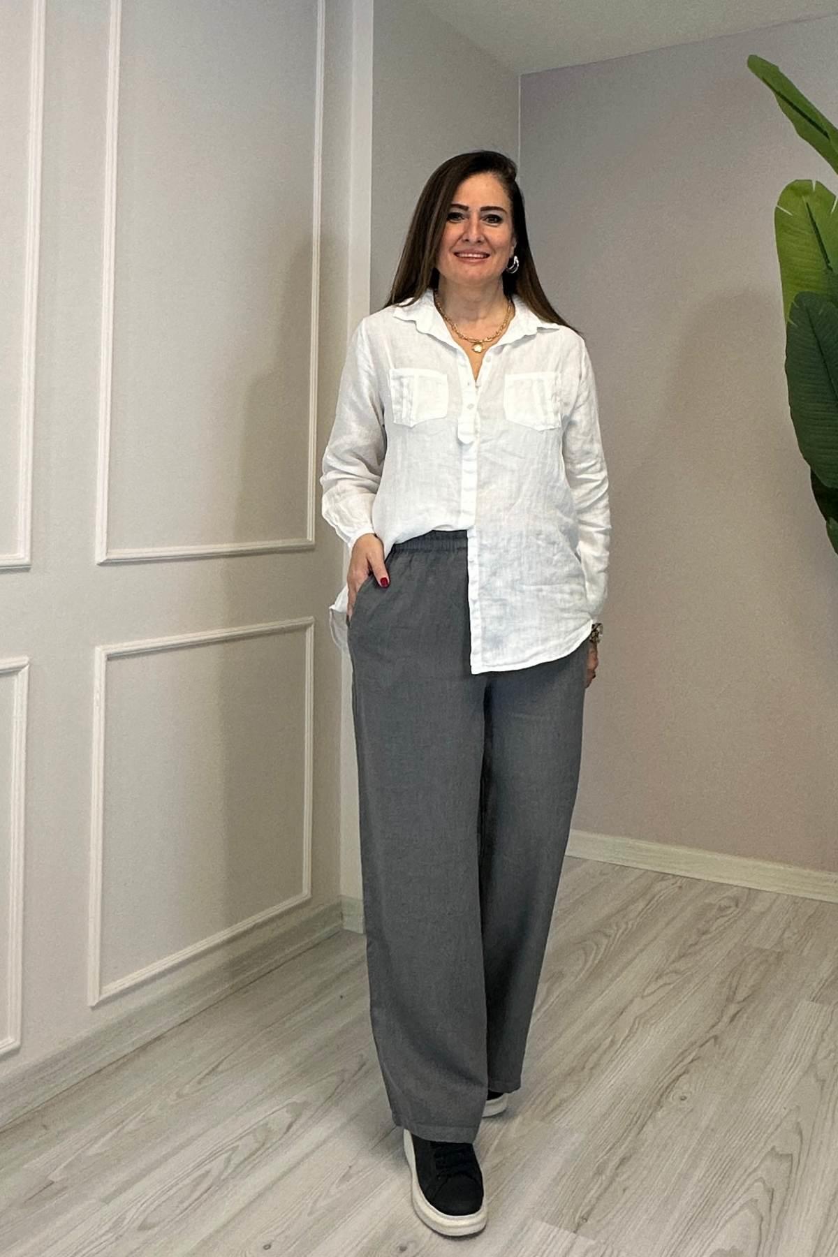 Beli Lastikli Cepli Yıkanmış Keten Kumaş Pantolon Gri