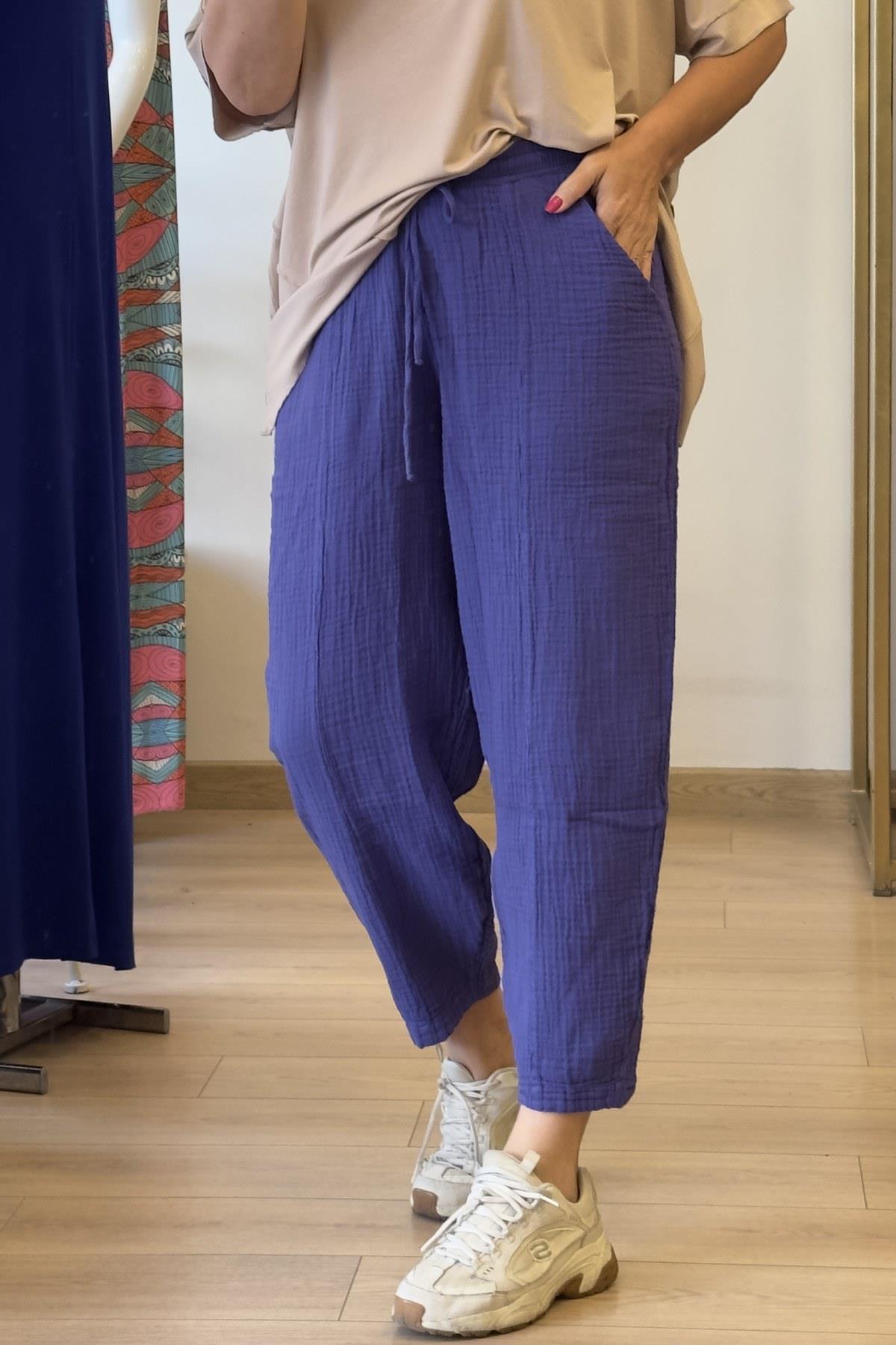 Beli Lastikli Dikiş Detaylı Müslin Pantolon Mor