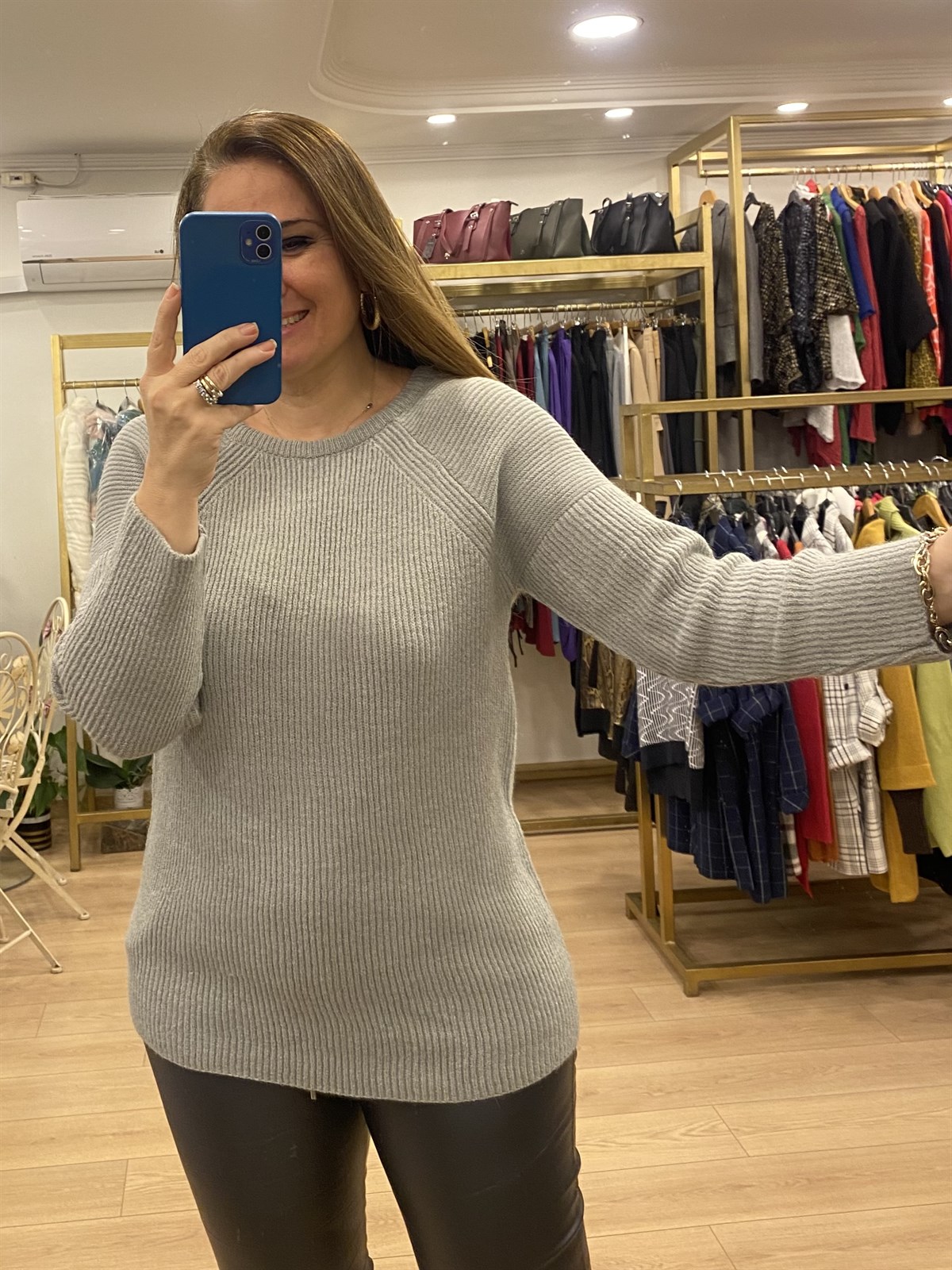 Bisiklet Yaka Reglan Kol Kazak Gri