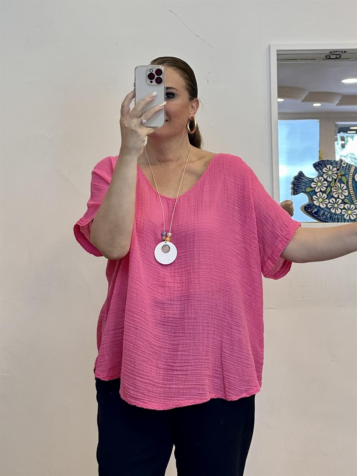 Bol Kesim Müslin Kumaş Düşük Kol Bluz  Pembe