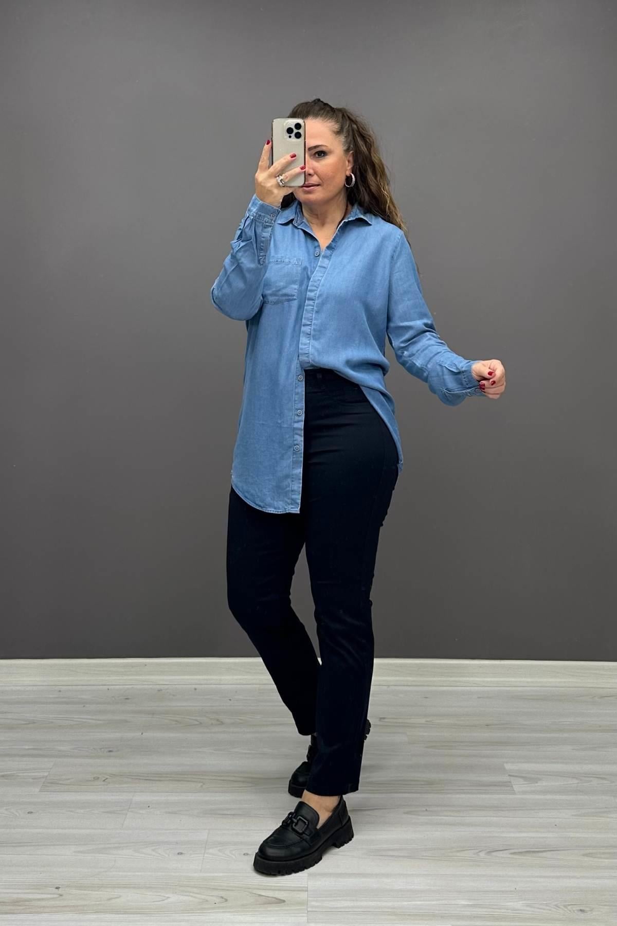 Boru Paça Puantiyeli Kumaş Pantalon Lacivert