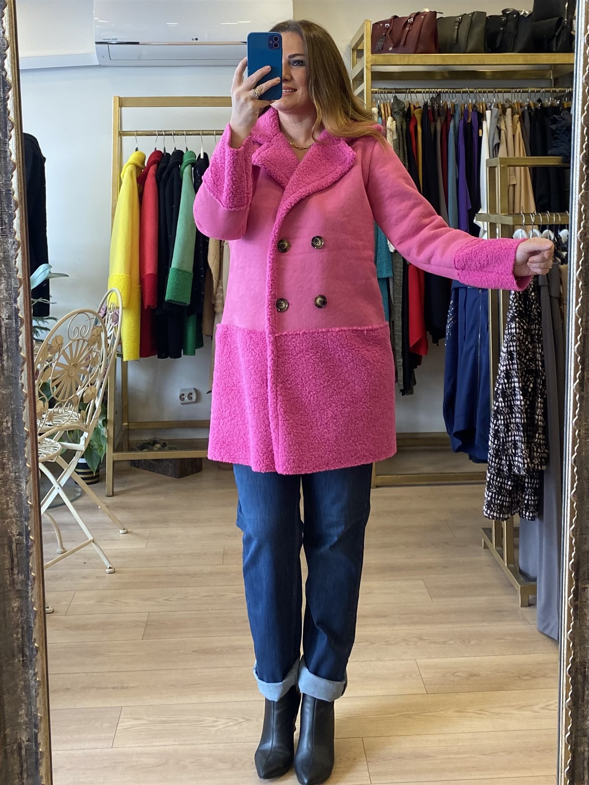 Buklet Nubuk Detaylı Kaban Pembe