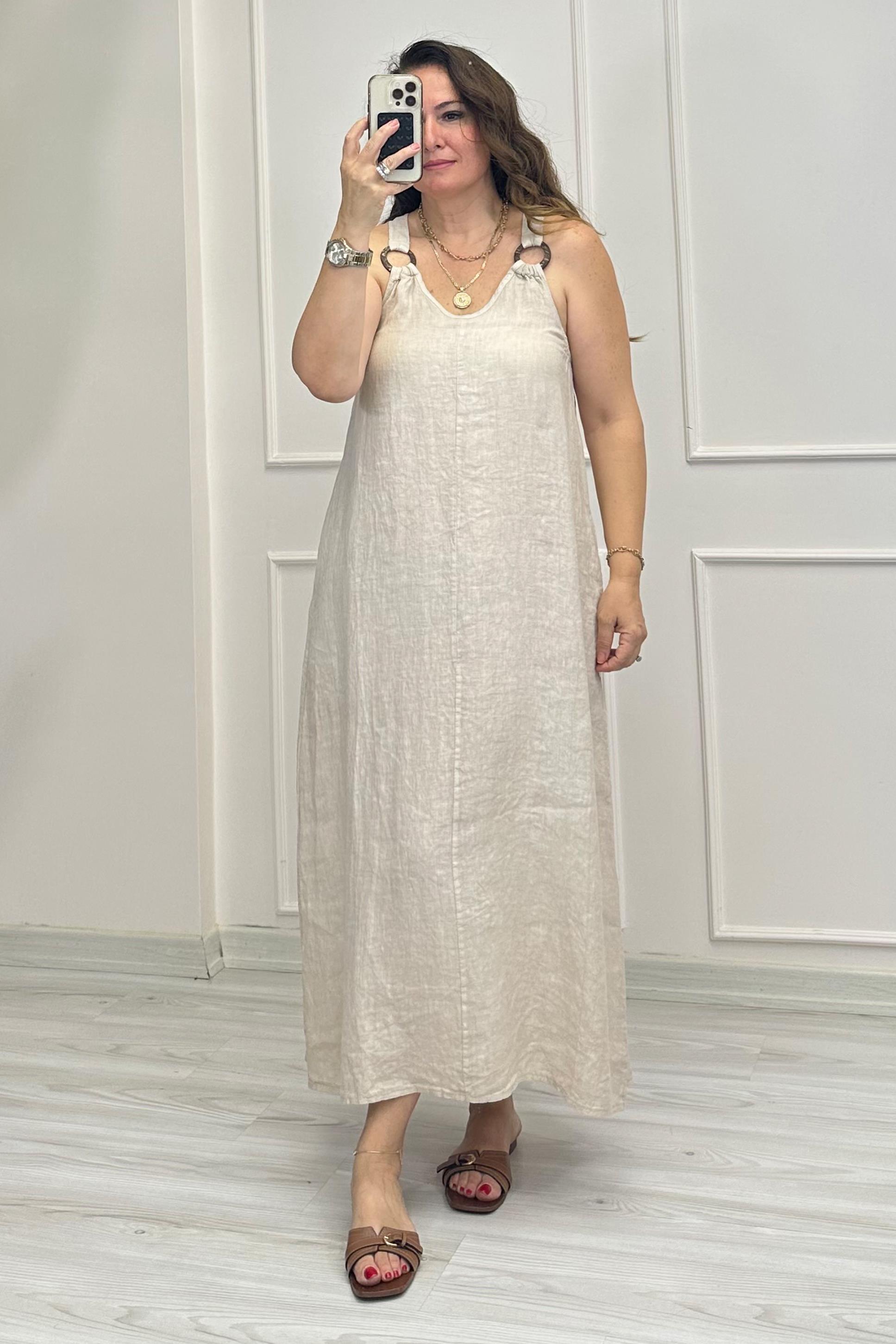 Beatrice Ahşap Detaylı Elbise Bej
