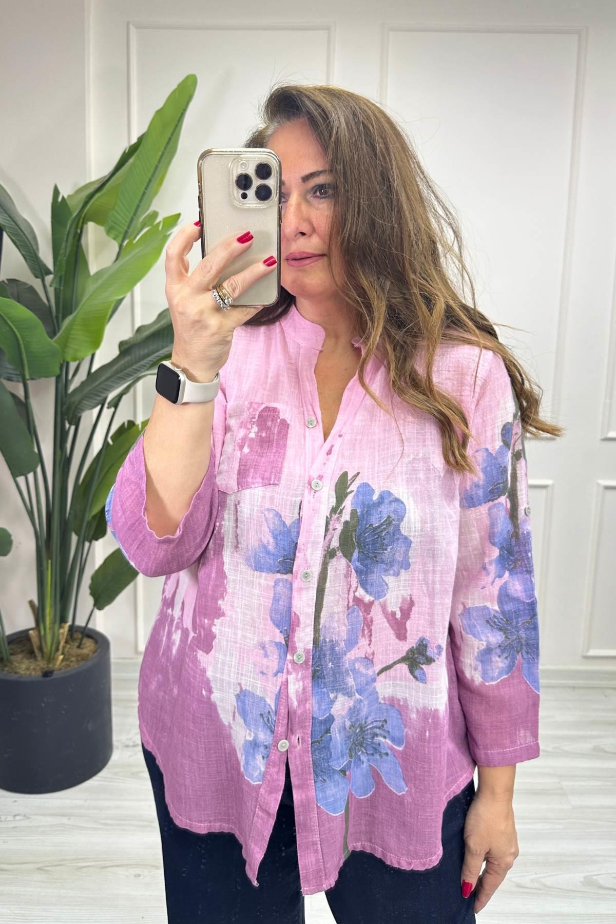 Çiçek Ve Batik Desenli Gömlek Açık Pembe