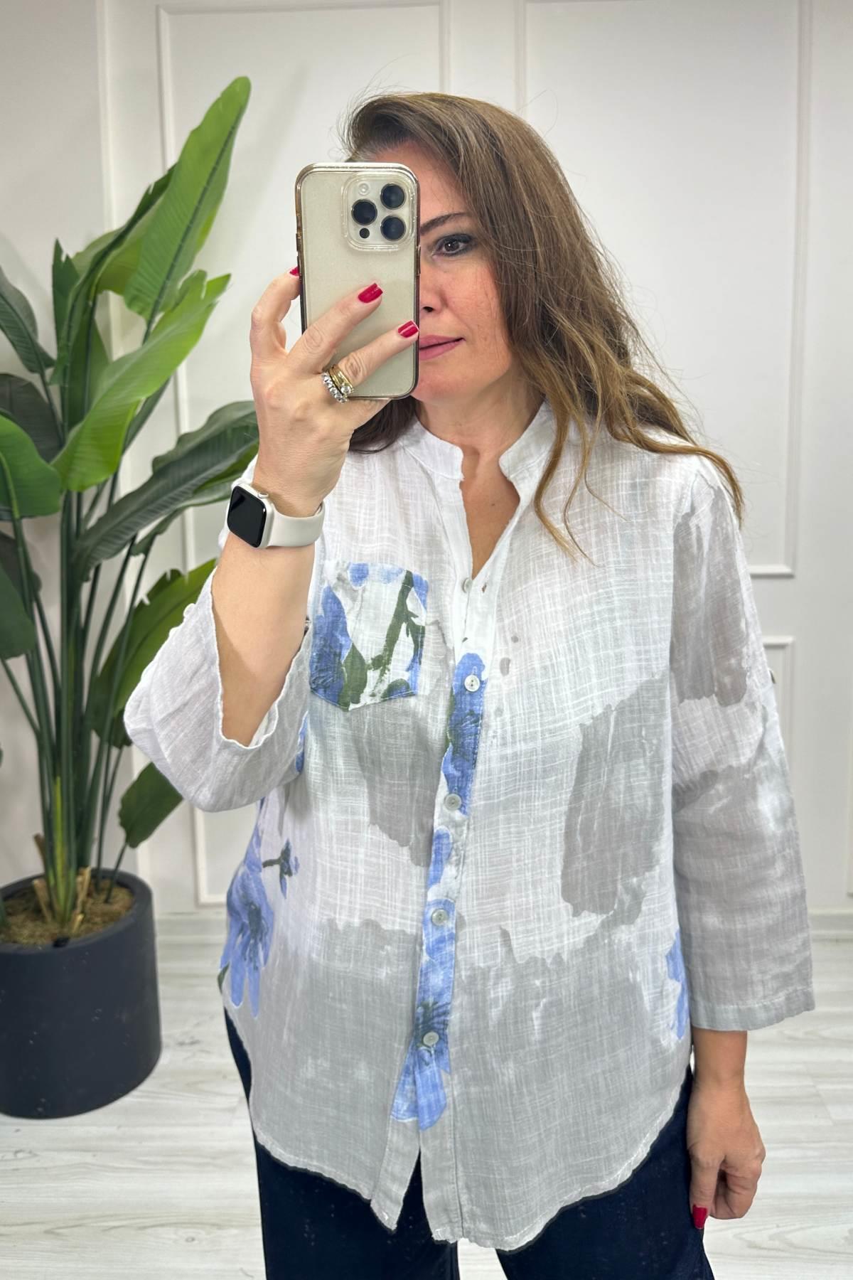 Çiçek Ve Batik Desenli Gömlek Beyaz