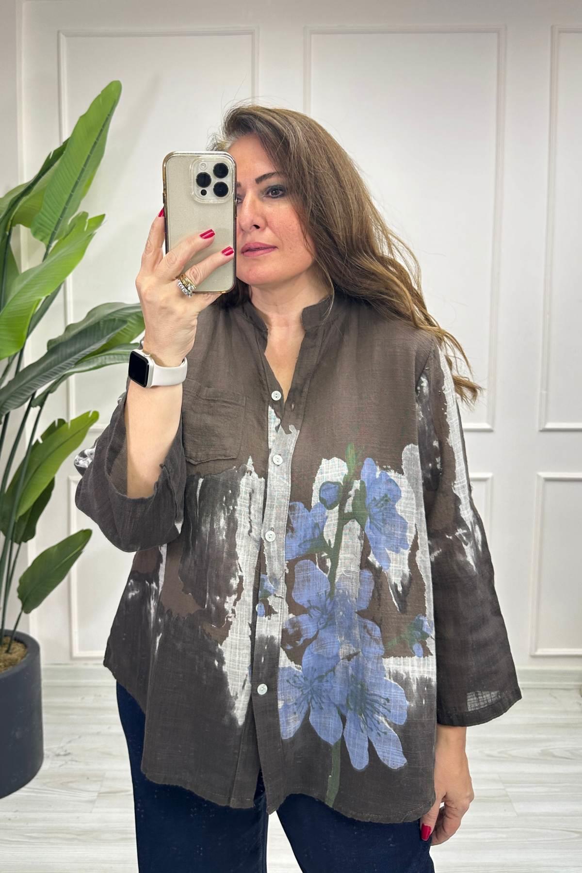 Çiçek Ve Batik Desenli Gömlek Kahve