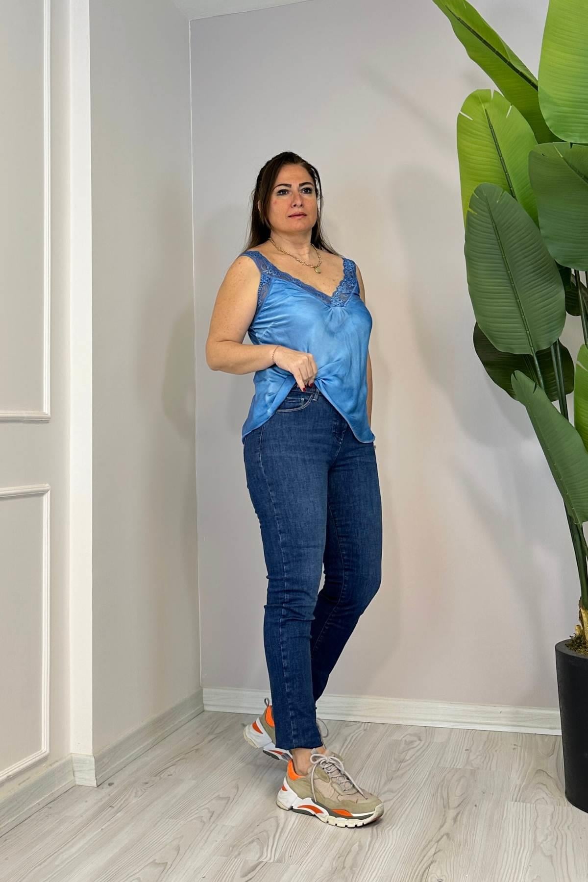 Dar Paça Full likralı Yüksek Bel Kot Pantolon Mavi
