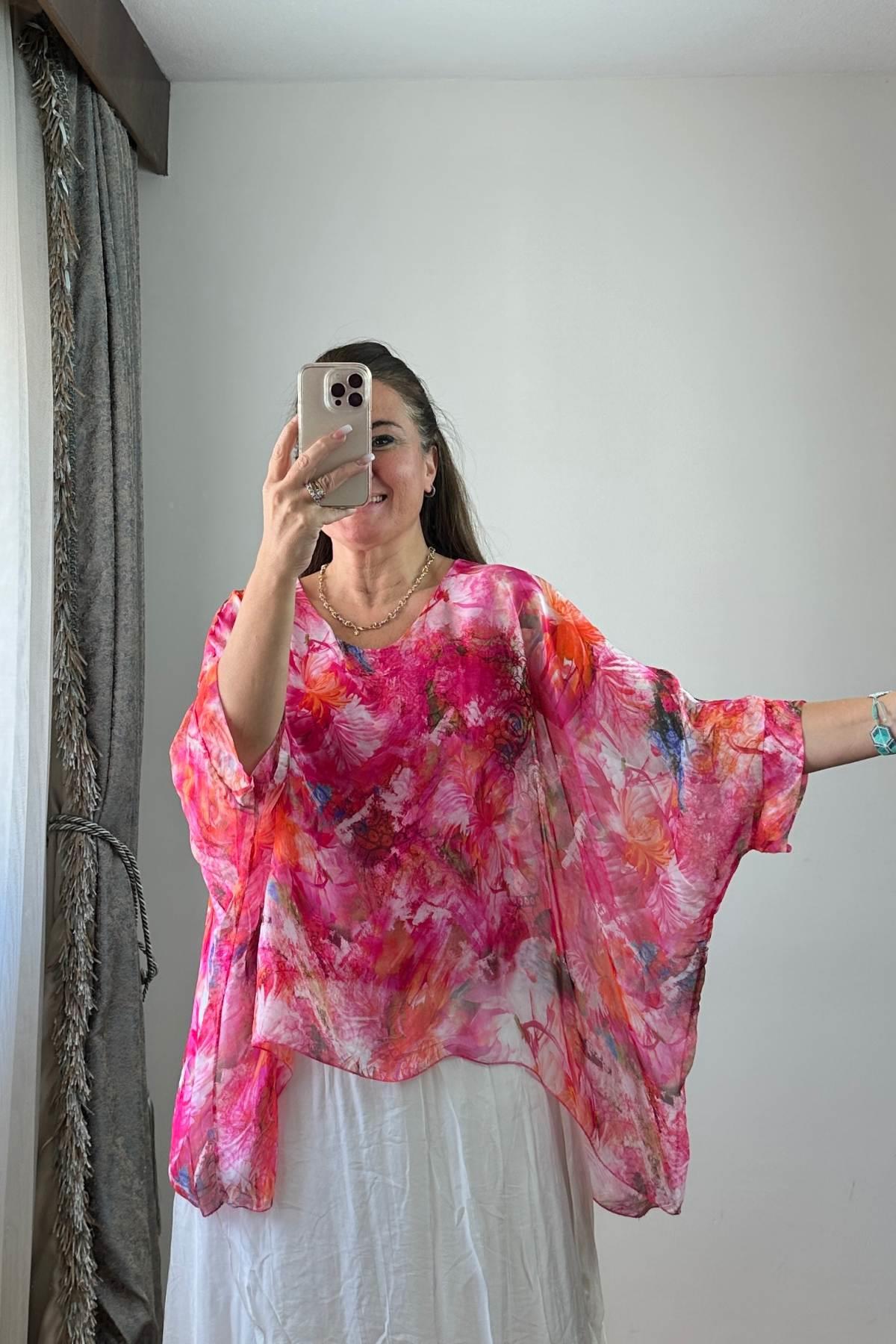Desenli İpek Bluz No 4 Pembe