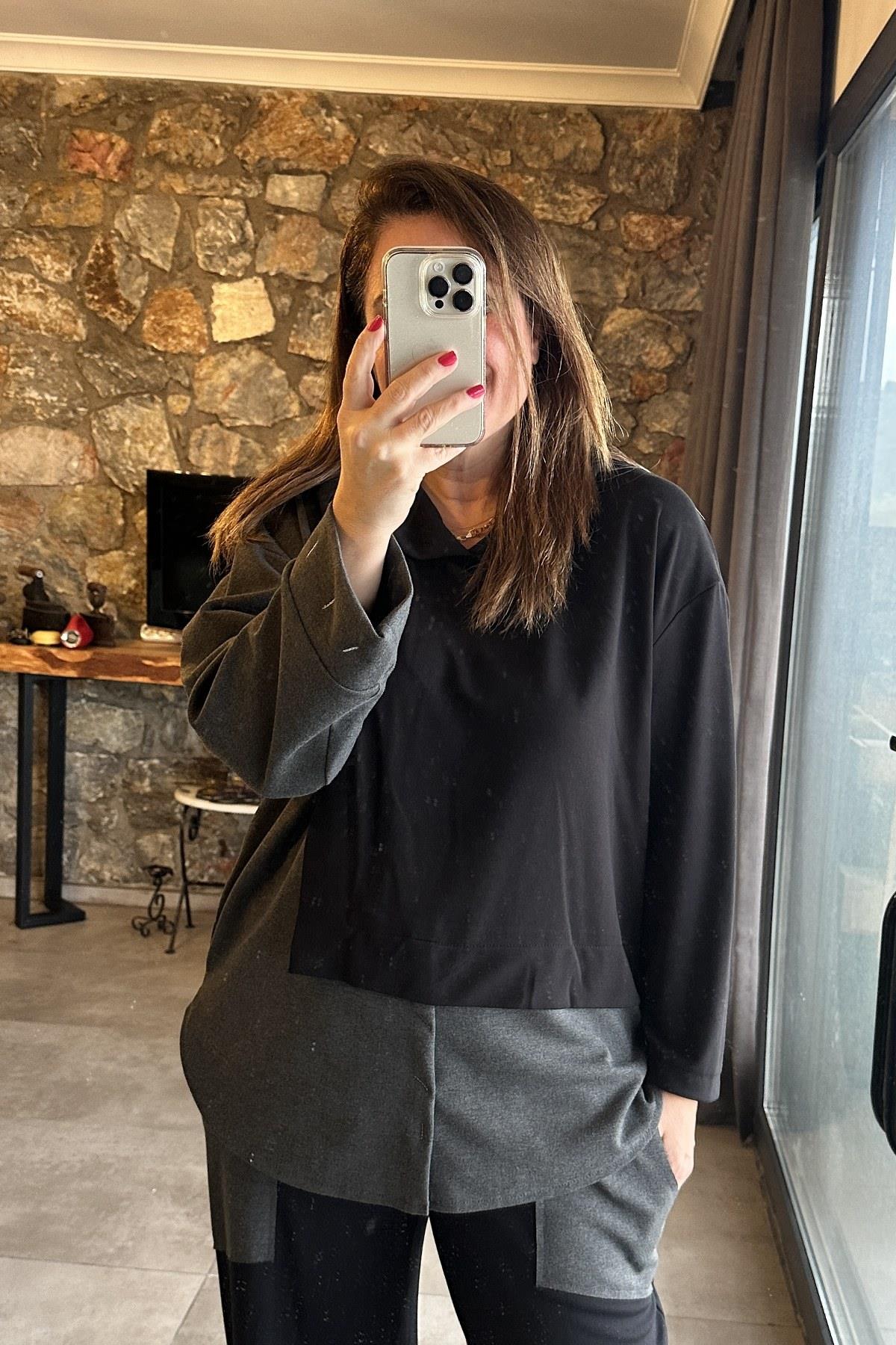 Dikiş Detaylı Kapüşonlu Sweatshirt Gri