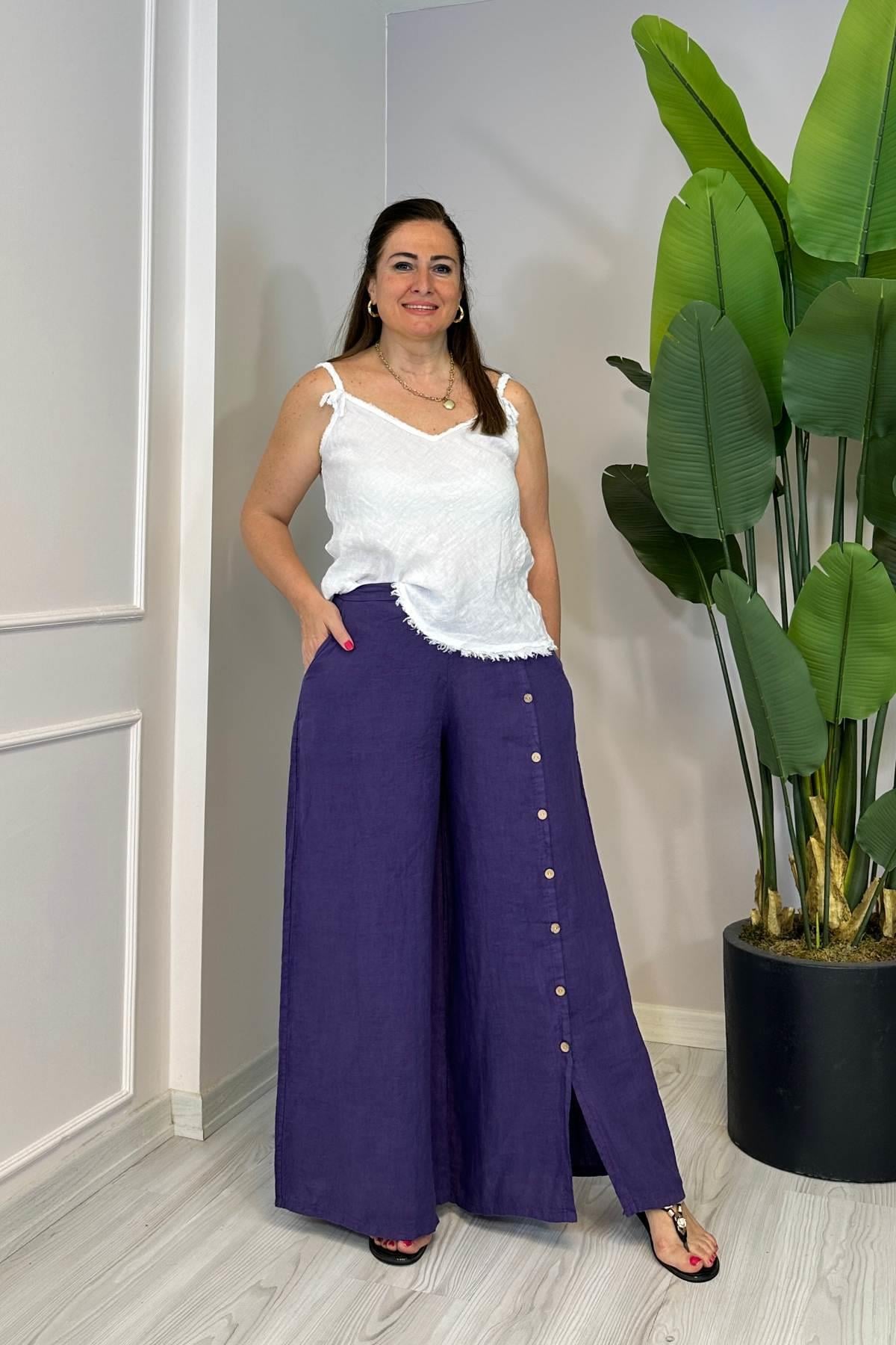 Düğme Detaylı Bol Kesim Pantolon Mor
