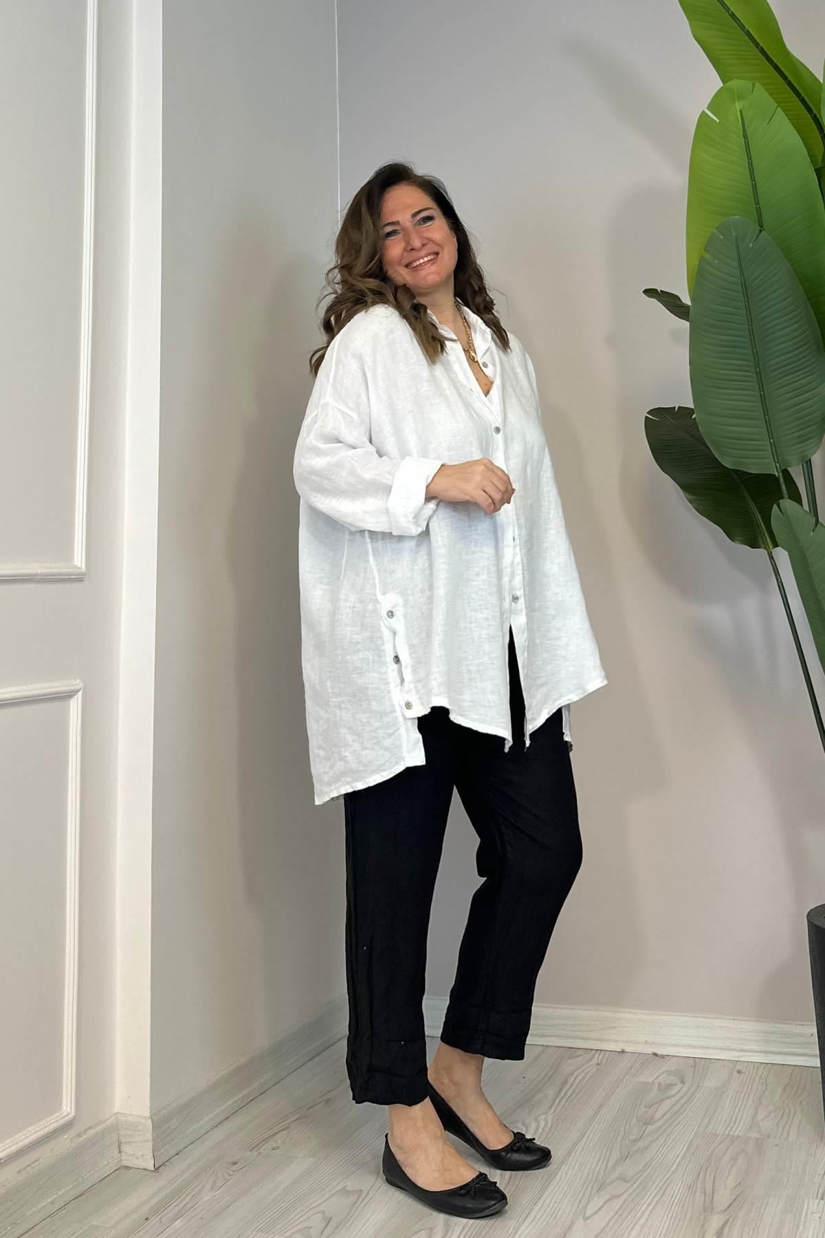 Düğme Detaylı Oversize Keten Gömlek Beyaz