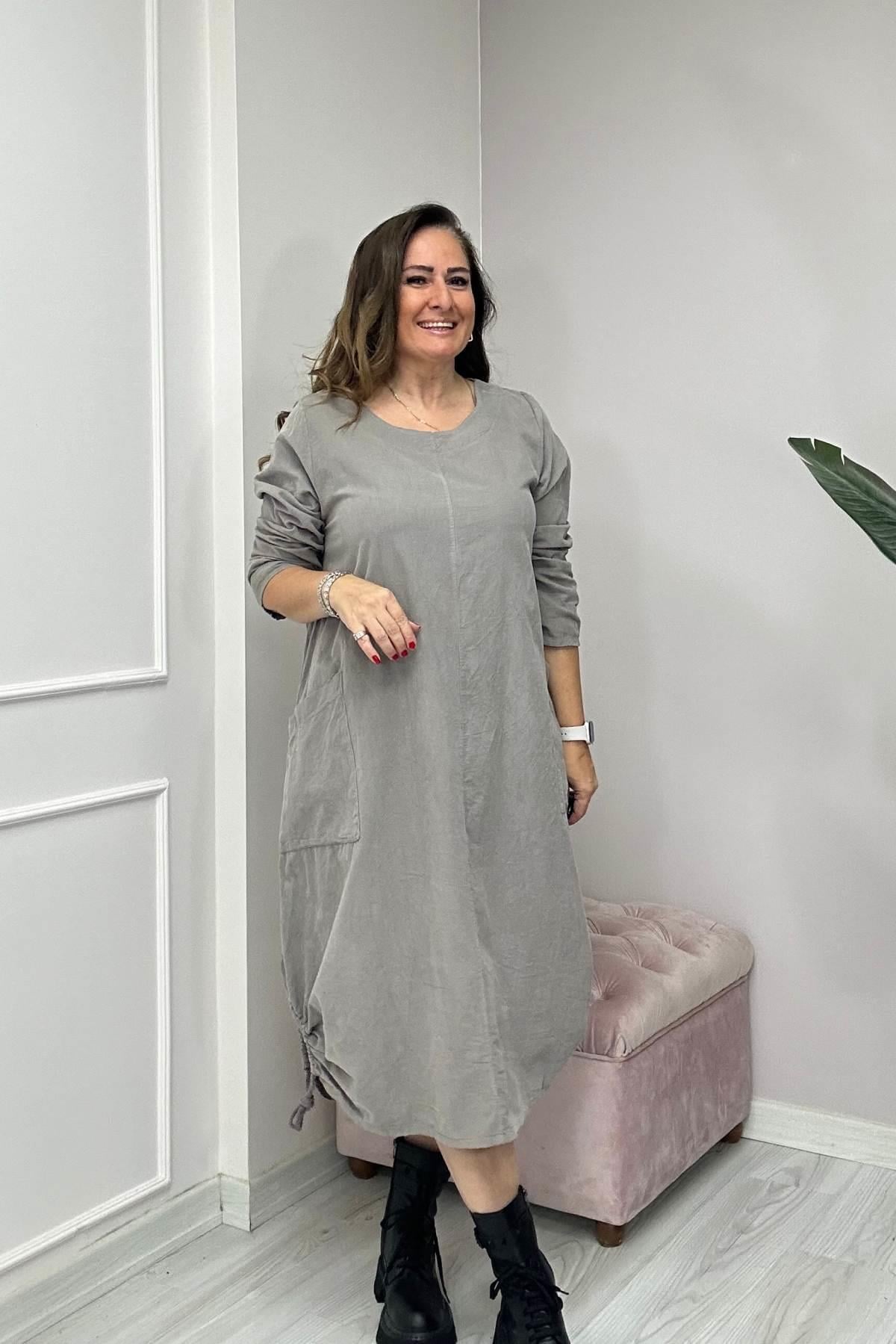 Düz Desen Kadife Ucu İp Detaylı Elbise-24586-Bej