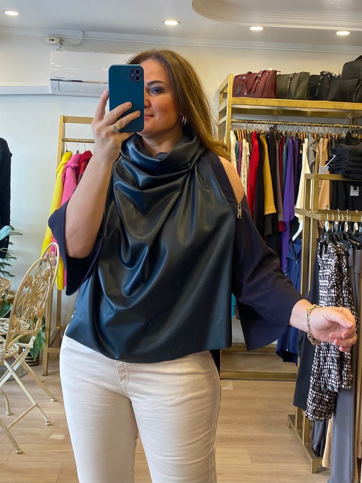 Fermuar Detaylı Bluz Lacivert