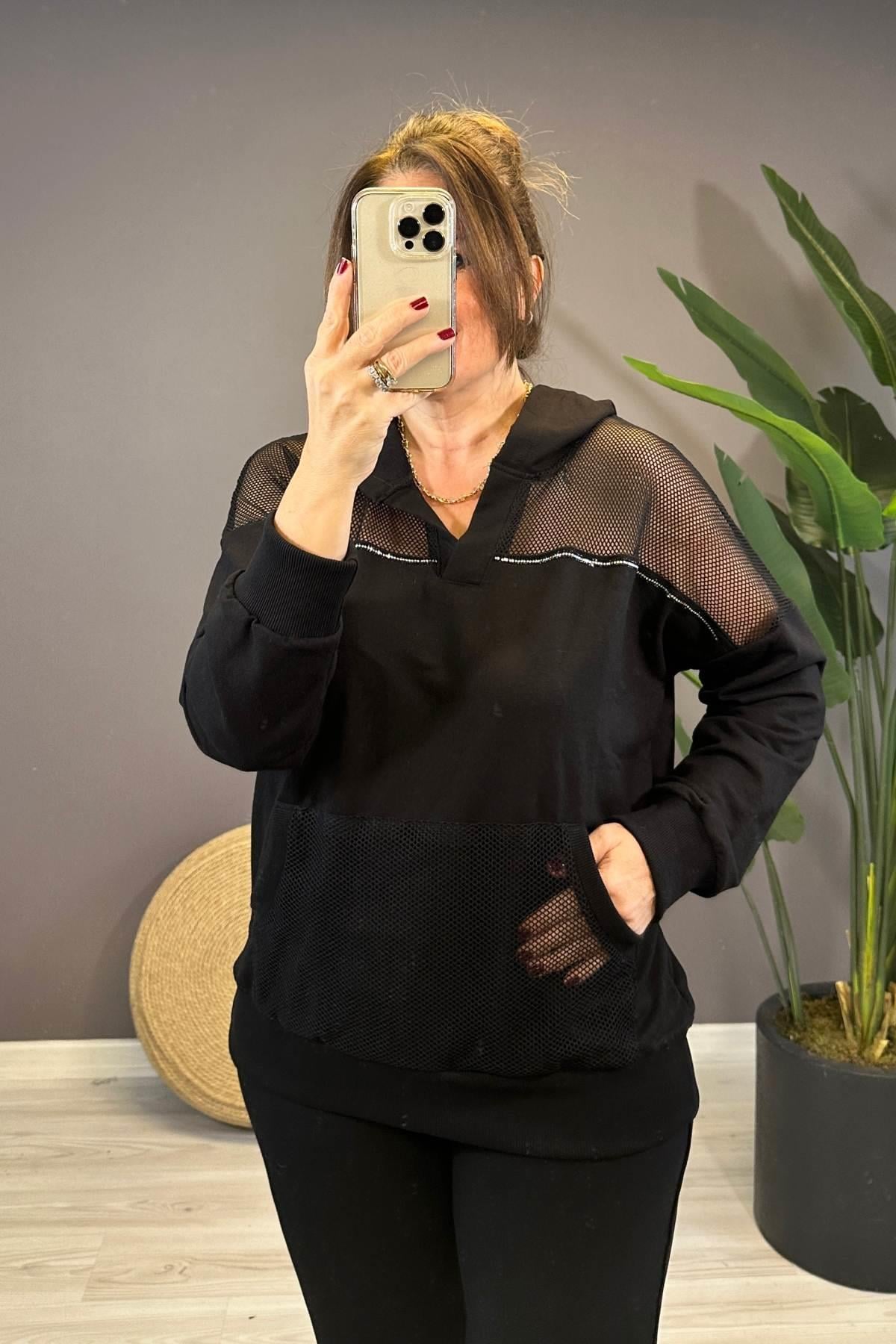 File Detaylı Kapüşonlu Sweatshirt Siyah