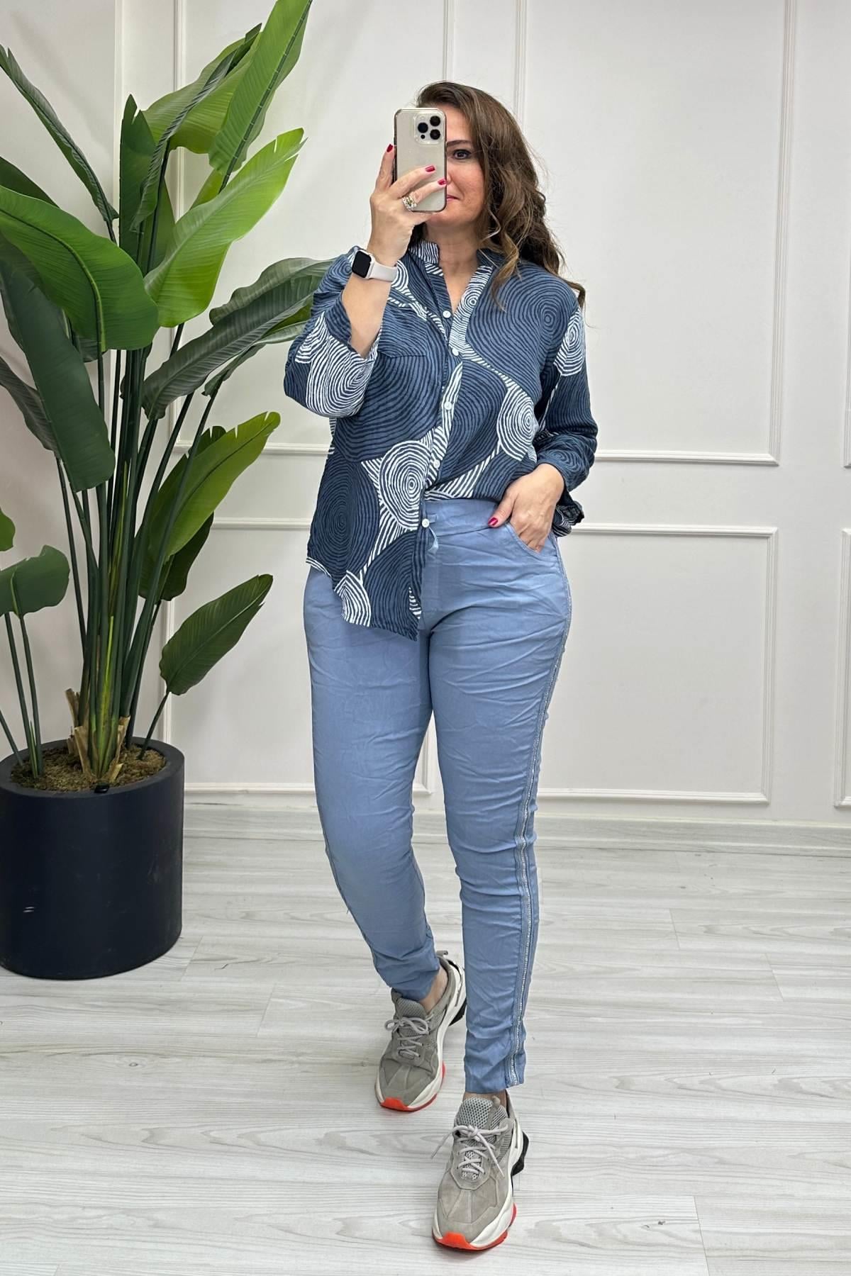 Full Likralı Şerit Taşlı İtalyan Pantalon Mavi