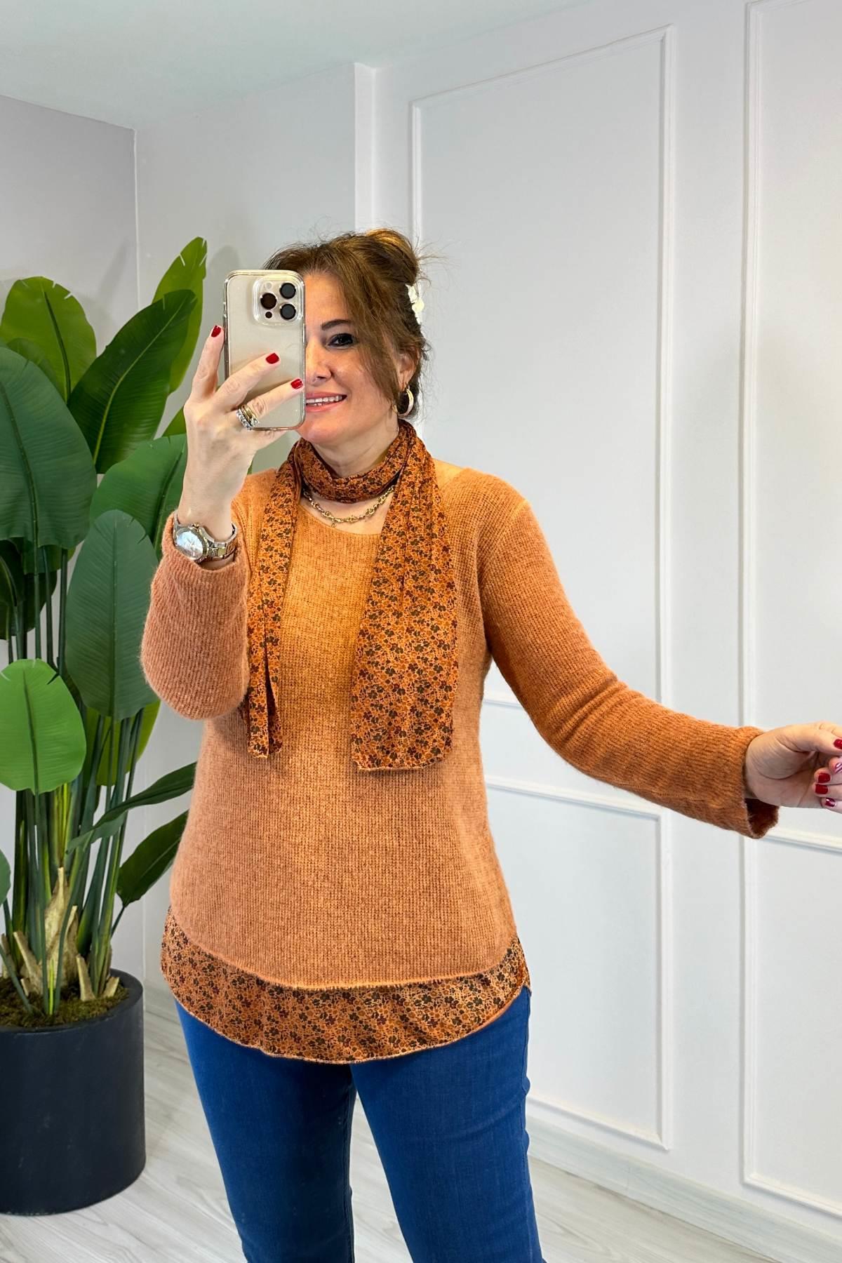 İkili Ve Şallı Triko Bluz Kiremit 