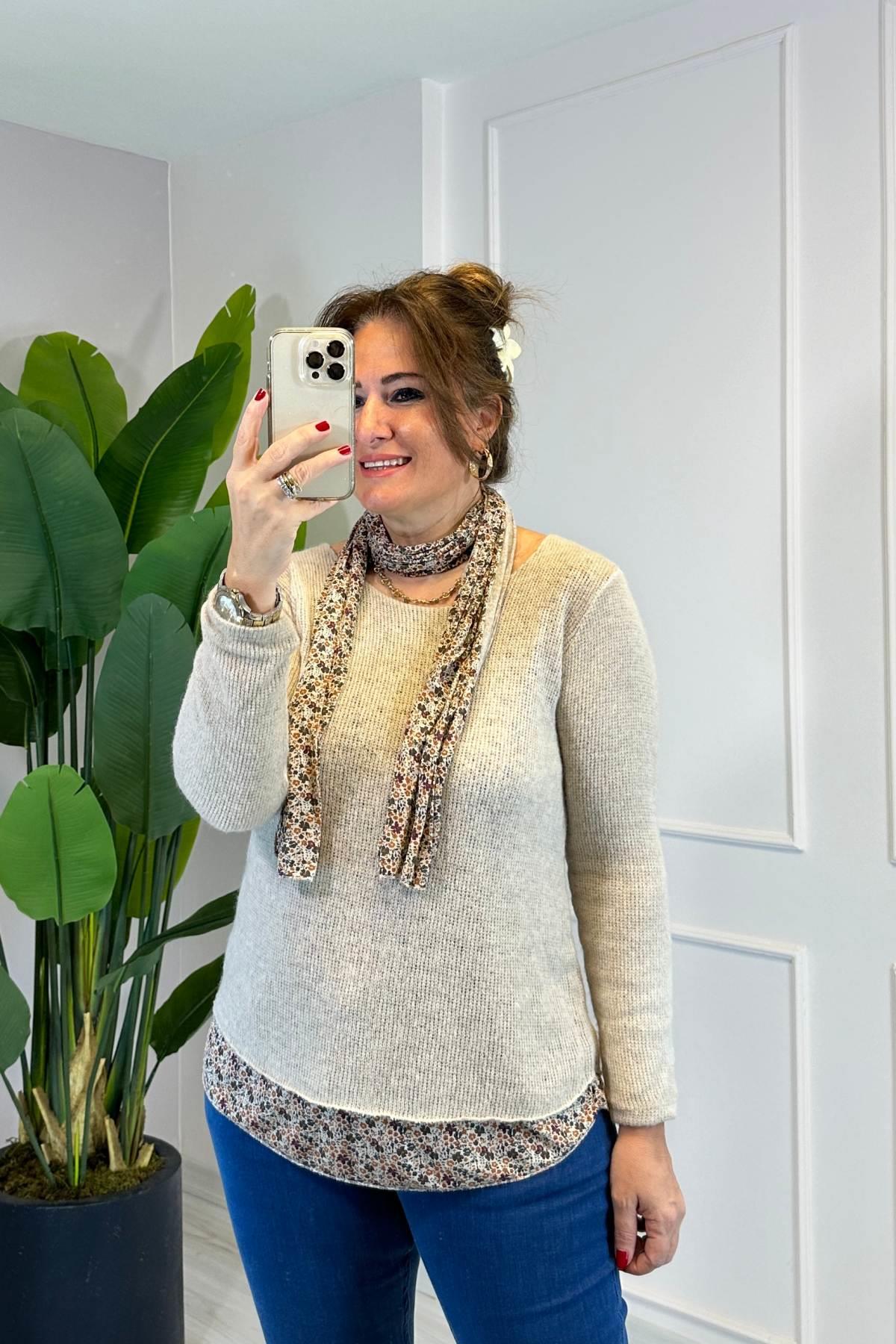 İkili Ve Şallı Triko Bluz Krem 