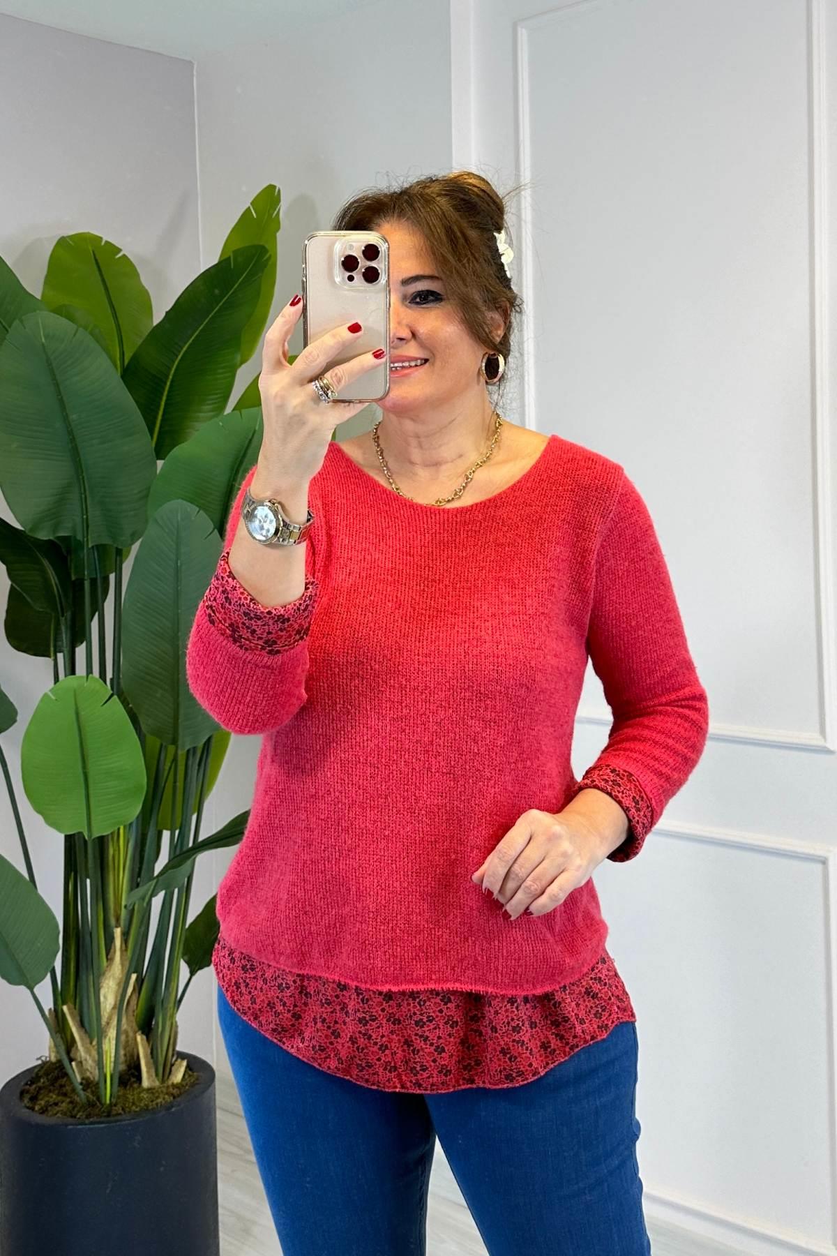 İkili Ve Şallı Triko Bluz Nar Çiceği