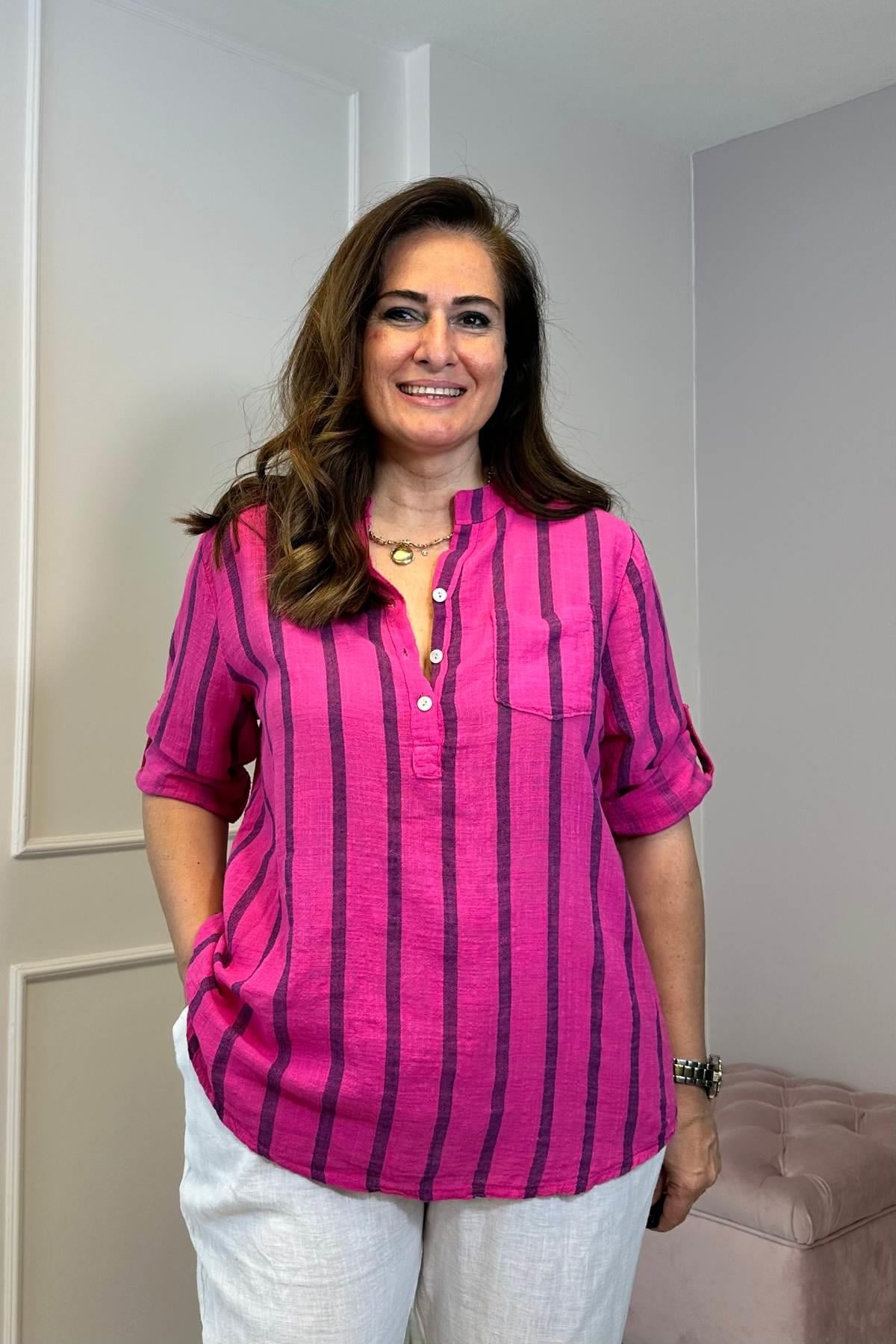 Kalın Çizgili Pamuklu Gömlek Fuşyapembe