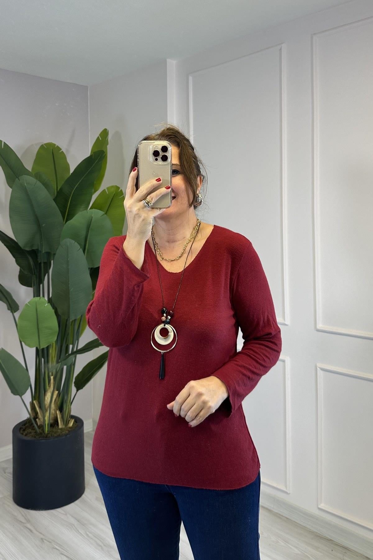 Kendinden Kolyeli Düz Renk Triko Bluz bordo